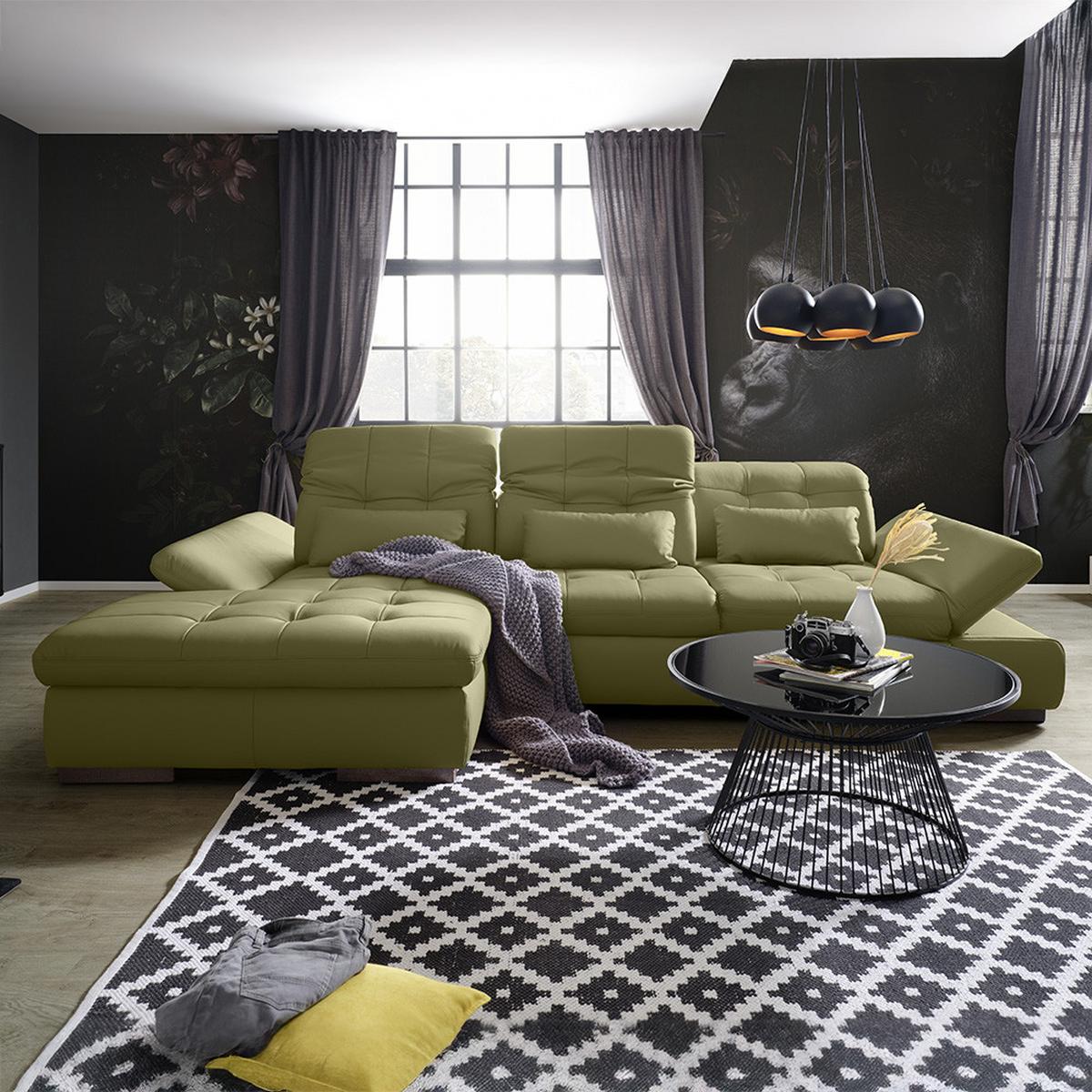 Rohová sedačka SANFINO, ľavá, olivovozelená pravá koža - olivovozelená/chrómová, Konventionell, kov/koža (199/79-96/305cm) - Premium Living