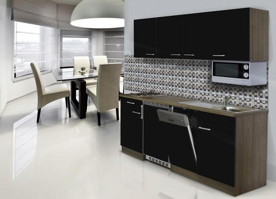 Praktische Küchenzeile mit schwarzen Fronten und Korpus in Eiche Dekor Praktische Küchenzeile mit schwarzen Fronten und Korpus in Eiche Dekor