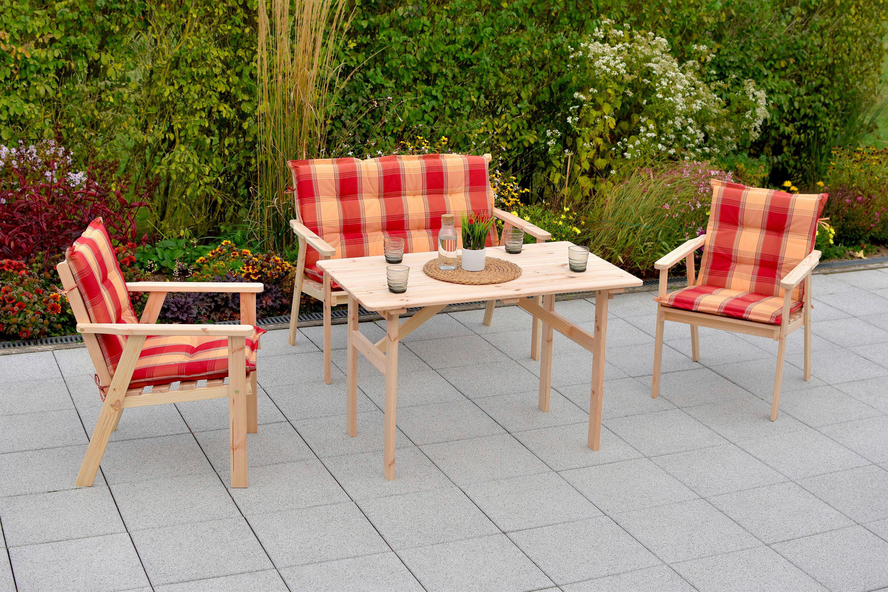 Gartenmöbel Set 7-Tlg. Sylt Kiefer Echtholz mit Kissen - Rot/Naturfarben, MODERN, Holz/Kunststoff - Gardenson