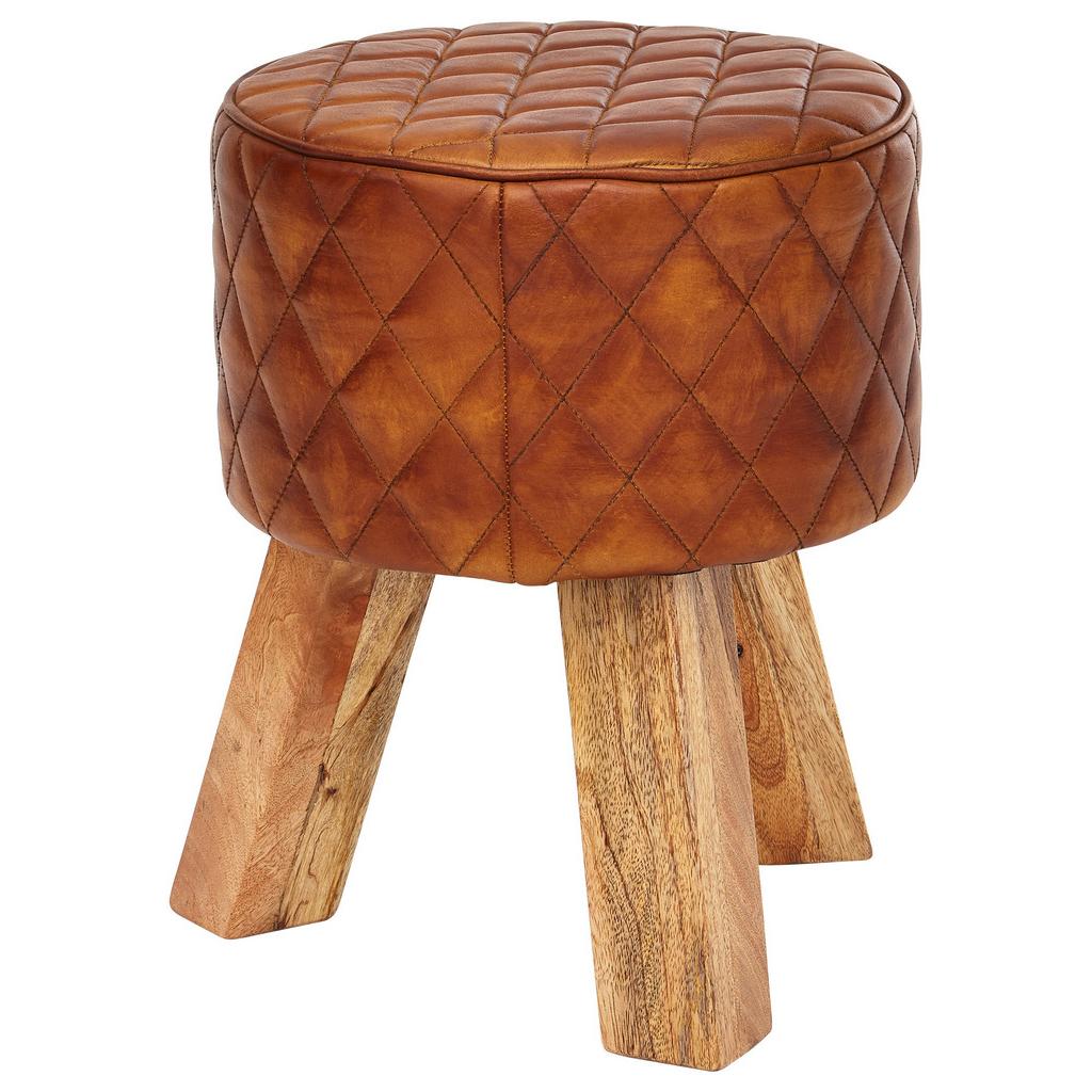 Hocker Leder Braun Sitz Gepolstert H: 46 cm Rund