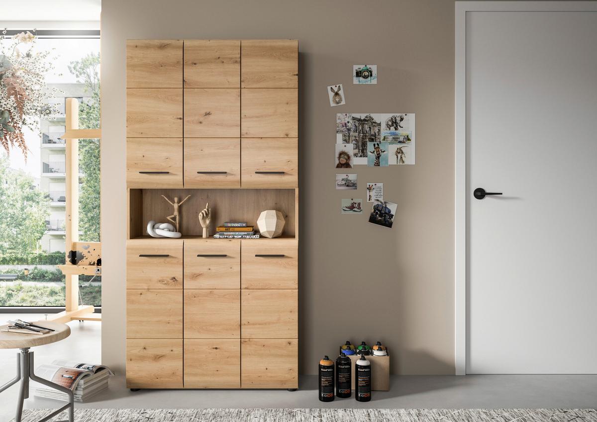Hochschrank Ice Eiche Artisan Dekor B: 90cm - Schwarz/Eiche Artisan, Basics, Holzwerkstoff (90/185/30cm) - MID.YOU