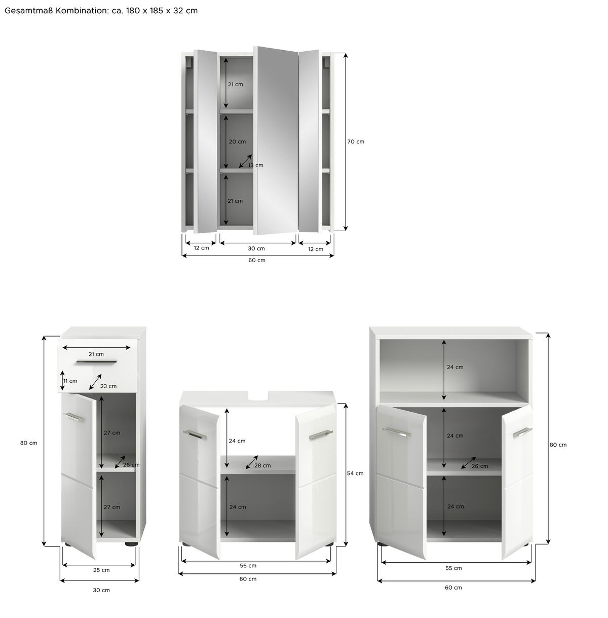Badezimmer Ice Weiß Hg B: 150 Cm - Weiß Hochglanz/Schwarz, MODERN, Holzwerkstoff (150cm) - MID.YOU
