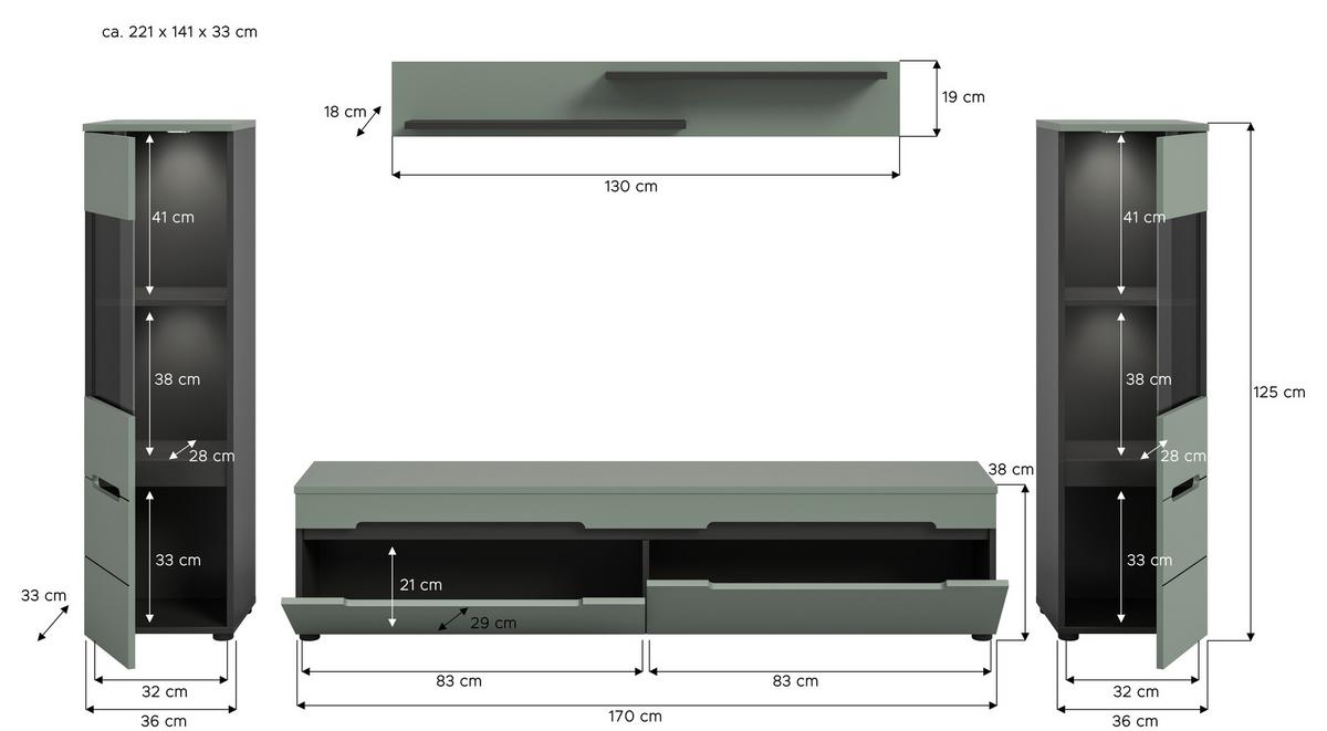 WOHNWAND Canu Graugrün B: 272cm - Schwarz/Graugrün, Design, Holzwerkstoff (272/141/33cm) - Livetastic