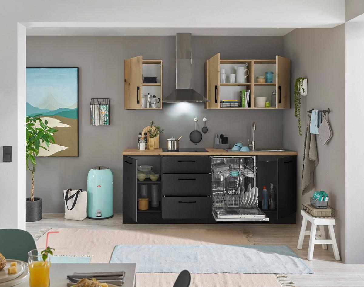 Kuchyňská linka TURIN bez spotřebičů, šíŕka 220 cm - černá/dub artisan, Moderní, kov/kompozitní dřevo (220cm)
