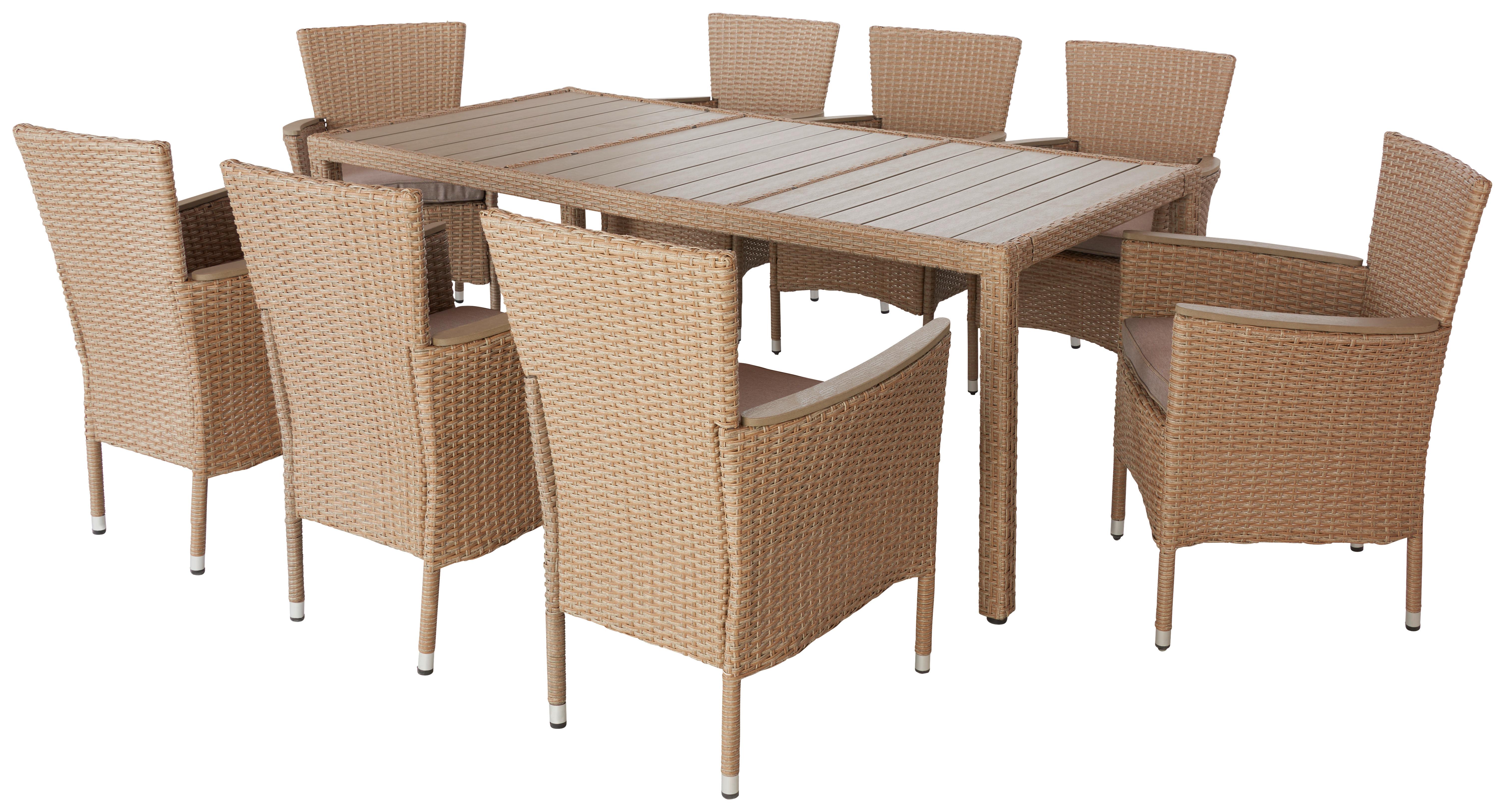 Gartengarnitur 9-Teilig Porto Stahl/Rattanoptik mit Kissen - Hellbraun/Grau, MODERN, Kunststoff/Textil (60/190/88/75/59/90cm) - Luca Bessoni