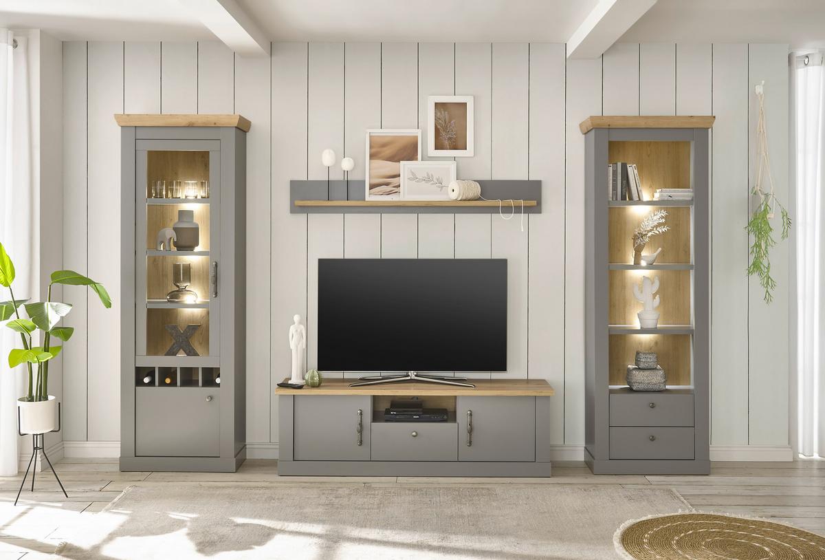 Wohnwand Chambord Hellgrau/Eichefarben B: 317cm - Eichefarben/Hellgrau, Design, Holzwerkstoff (317/201/44cm) - MID.YOU