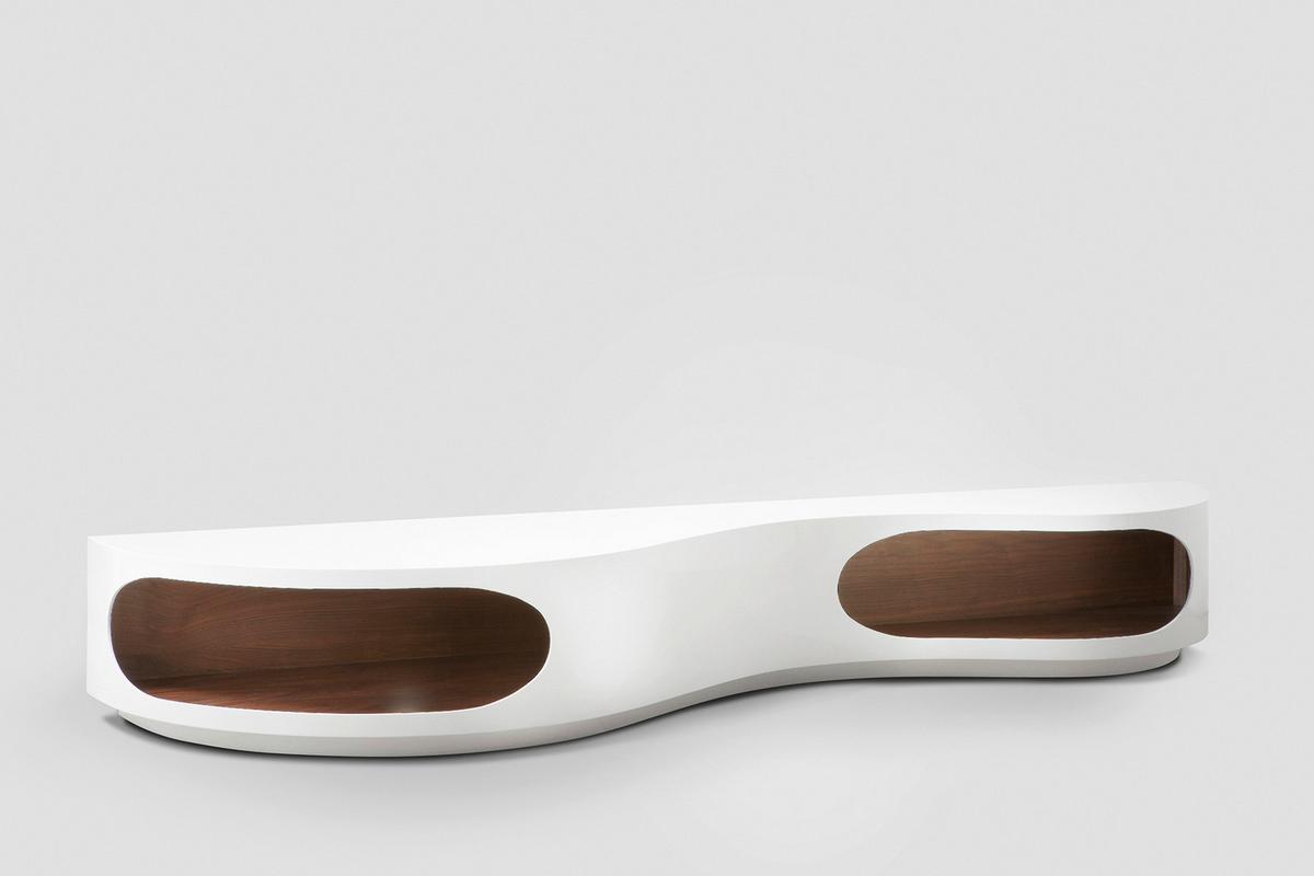 Lowboard Weiß Hg/Walnussfarben B: 200cm - Weiß Hochglanz/Walnussfarben, Design, Holzwerkstoff (200/30/50cm) - Livetastic