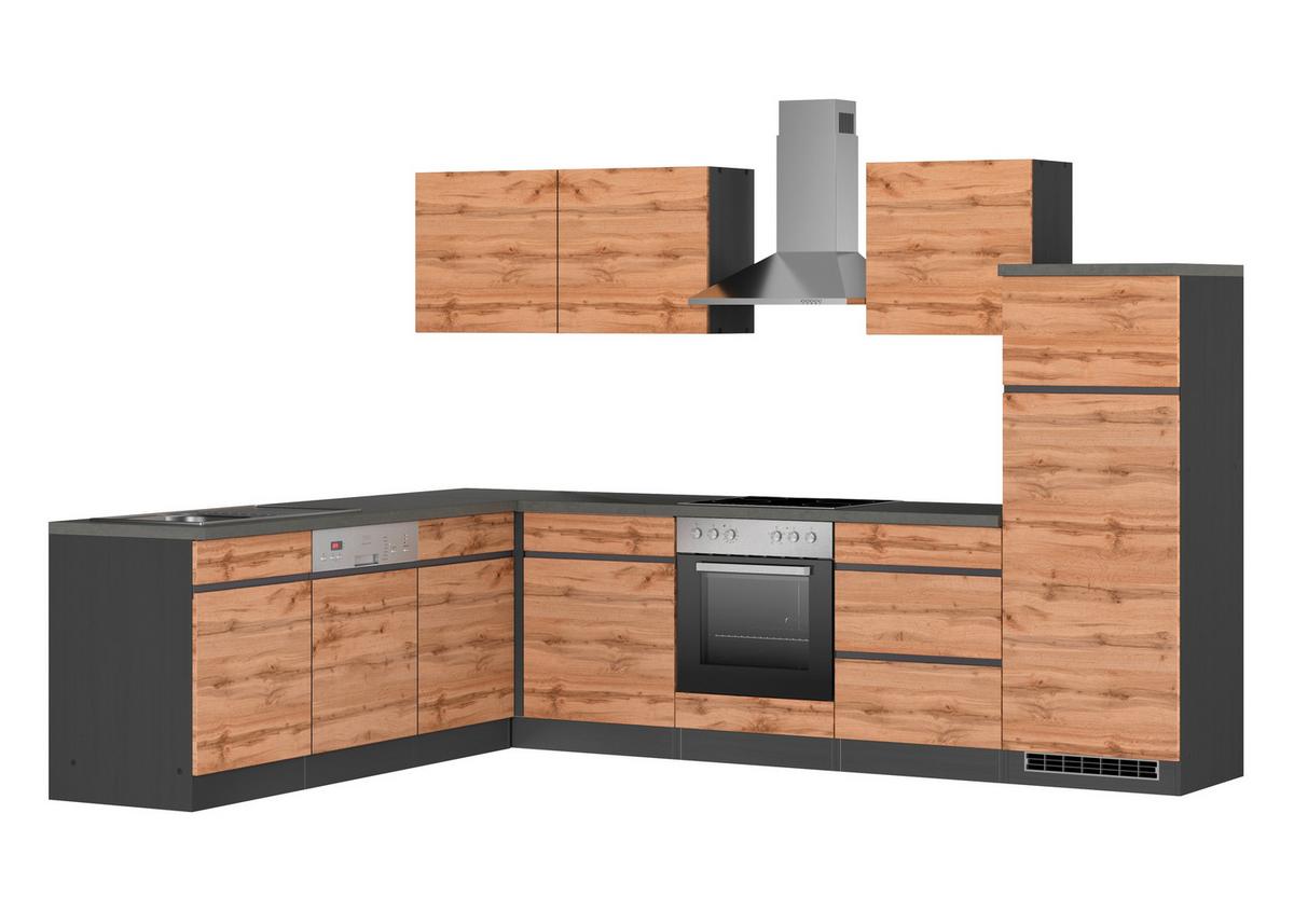 Eckküche Turin Mit Geräten 240x300 Cm Graphit/eiche Dekor - Eiche Wotan/Graphitfarben, Design, Holzwerkstoff (240/300cm) - Held