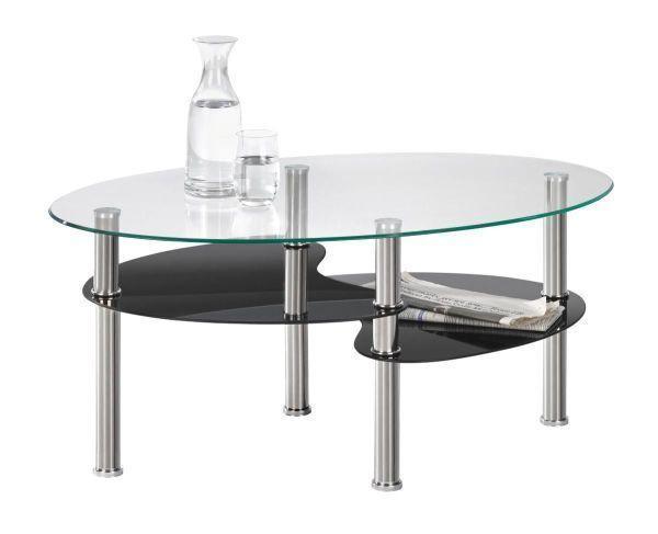 Couchtisch Glas Oval Mit Ablageflächen Saba, Schwarz - Klar/Schwarz, KONVENTIONELL, Glas/Metall (90/45/55cm)