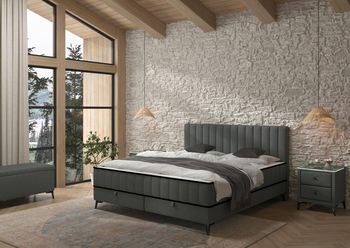 Čalouněná postel SANTI 160x200, tmavě šedá - černá/tmavě šedá, Moderní, kov/dřevo (160cm)