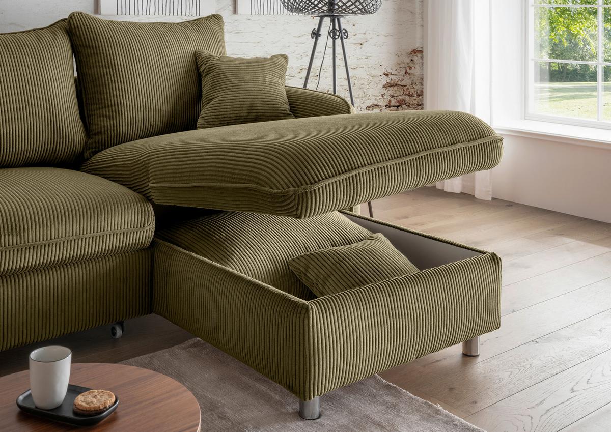 Eckschlafsofa Lauritio Olivgrün S: 254x160 cm - Chromfarben/Olivgrün, MODERN, Textil (254/160cm) - Livetastic