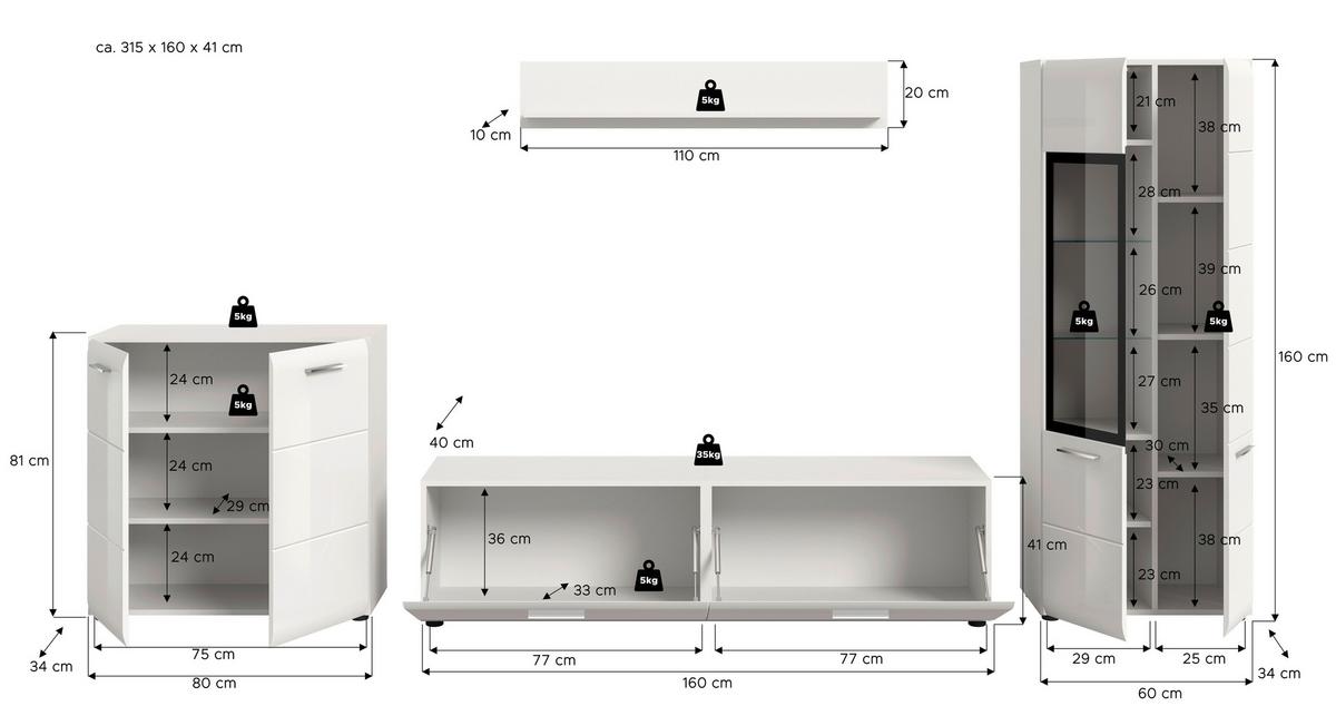 Sideboard Ice Weiß/weiß Hochglanz B: 315 Cm - Weiß Hochglanz/Schwarz, Design, Holzwerkstoff (315/160/41cm) - Livetastic