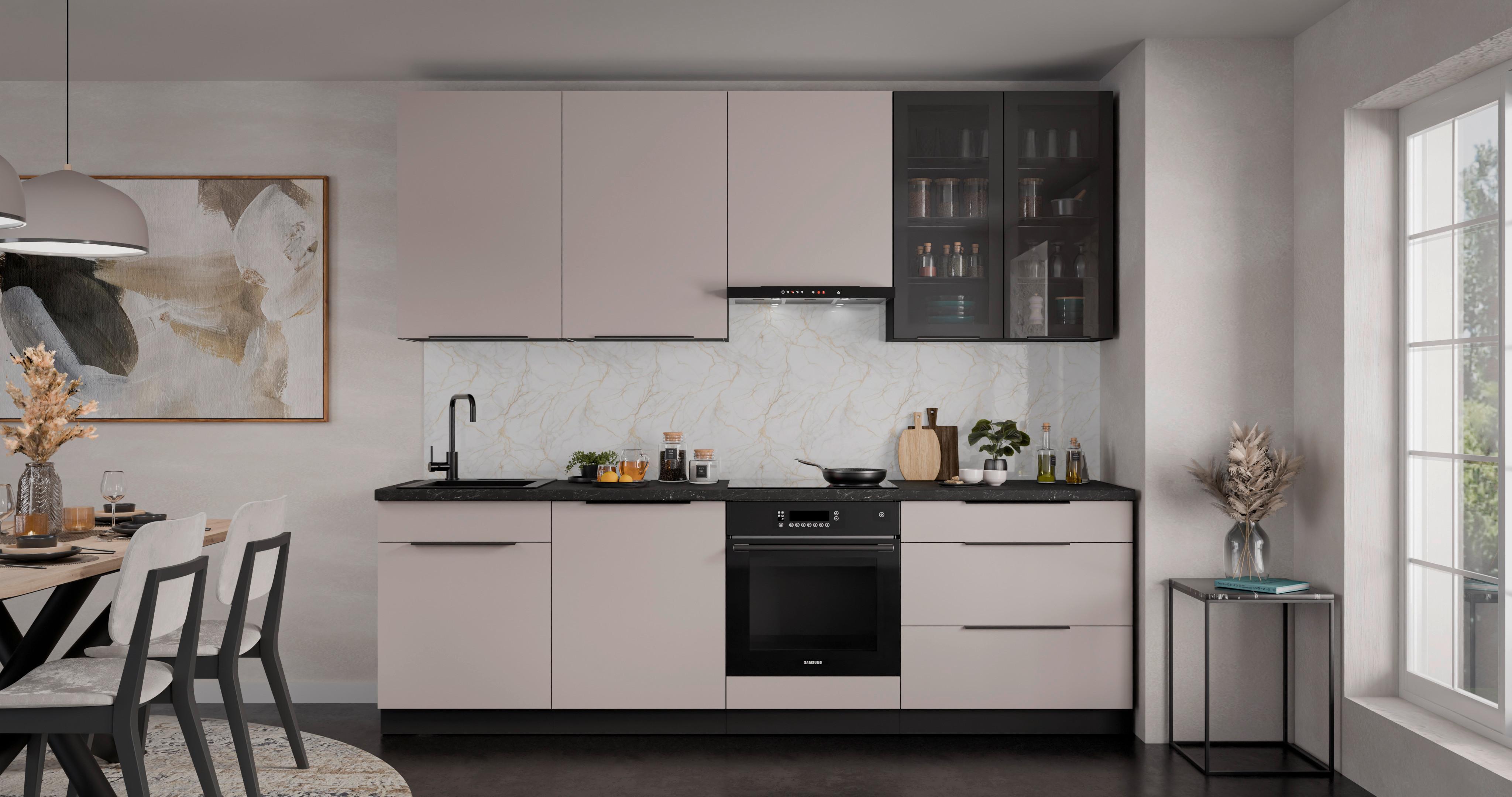 Konyhablokk Gépek Nélkül Arona - bézs/fekete, Modern, faalapú anyag/üveg (260/235/60cm) - Modern Living