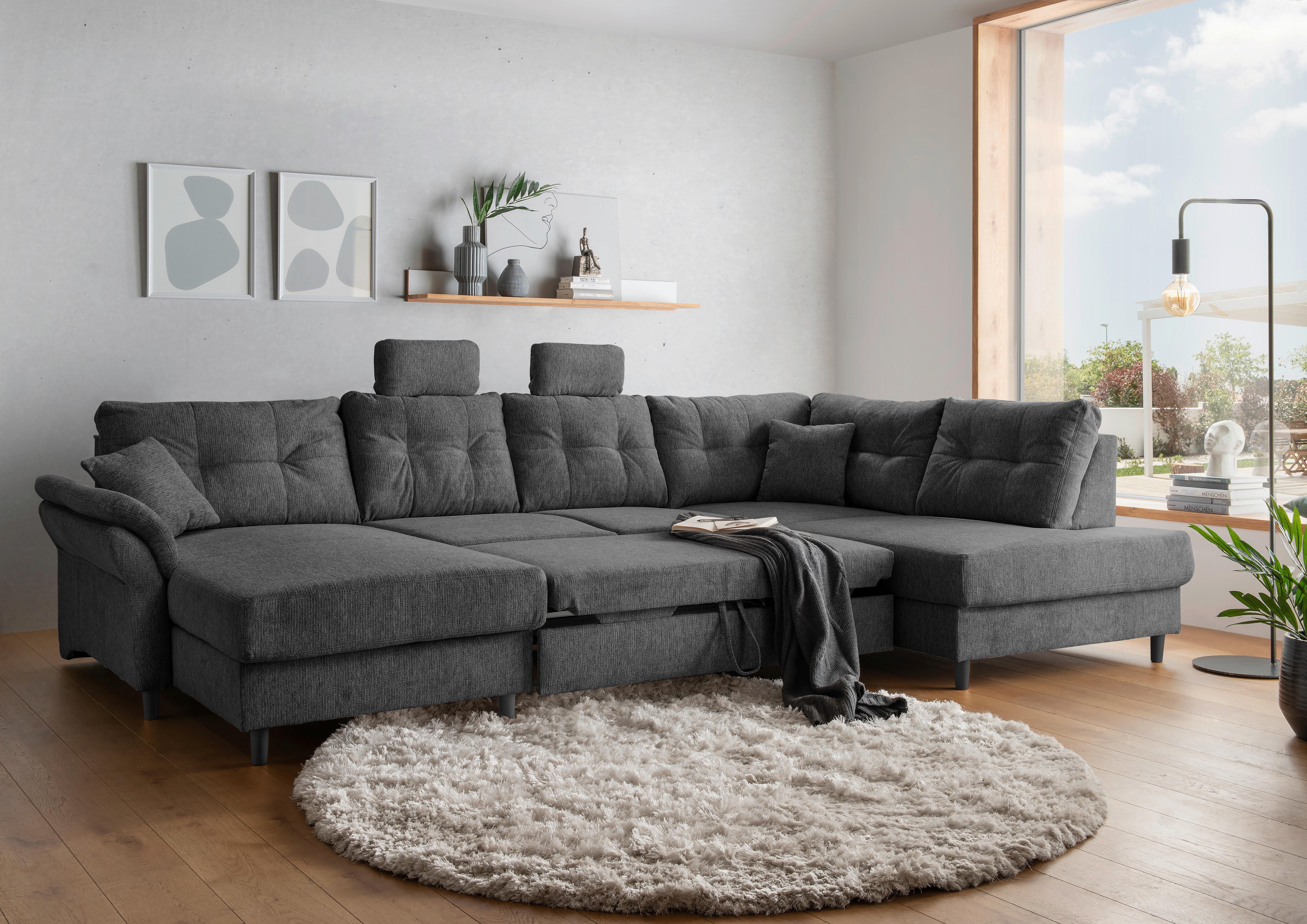 Wohnlandschaft Brizzini mit Schlaffunktion, Anthrazit - Anthrazit/Schwarz, MODERN, Textil (176/338/206cm) - Livetastic