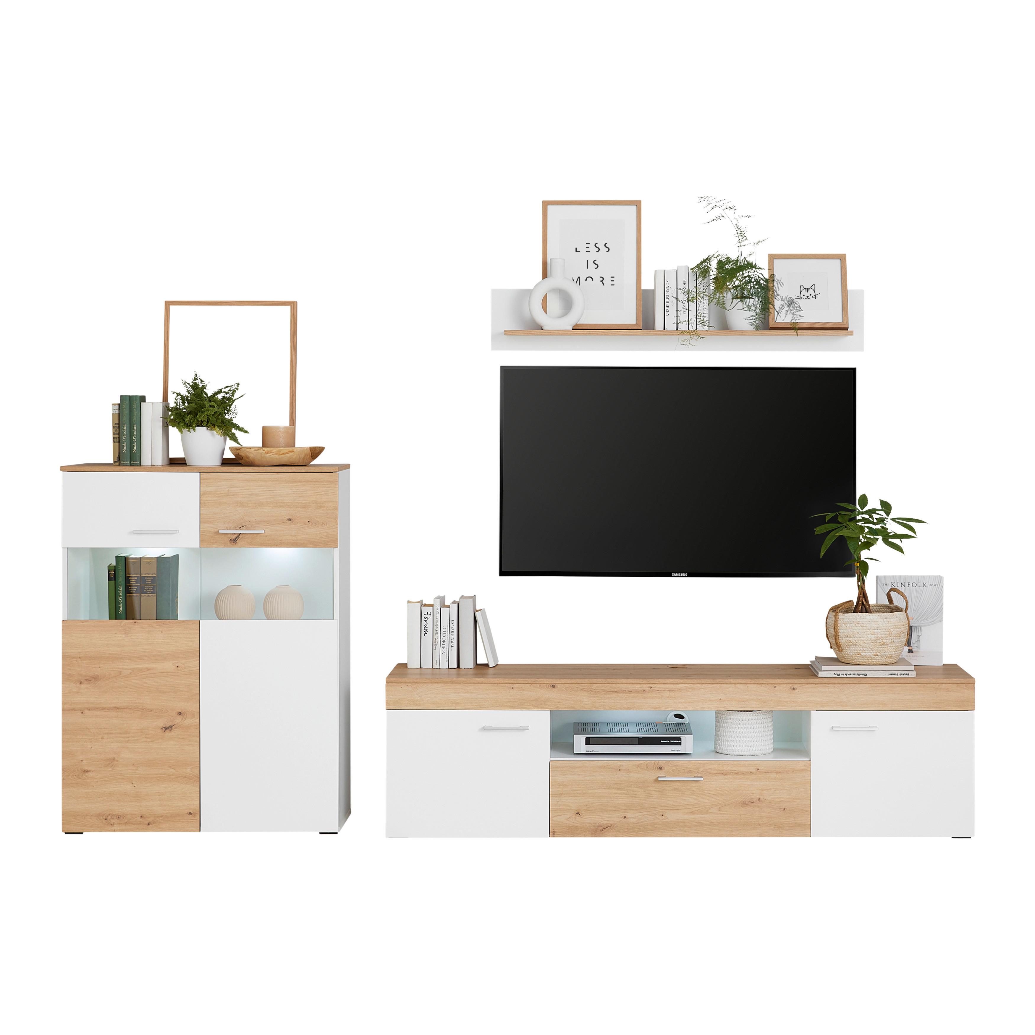Wohnkombination 3 Tlg. Valencia Alpinweiß - MODERN, Glas/Holzwerkstoff (265/190/40cm)