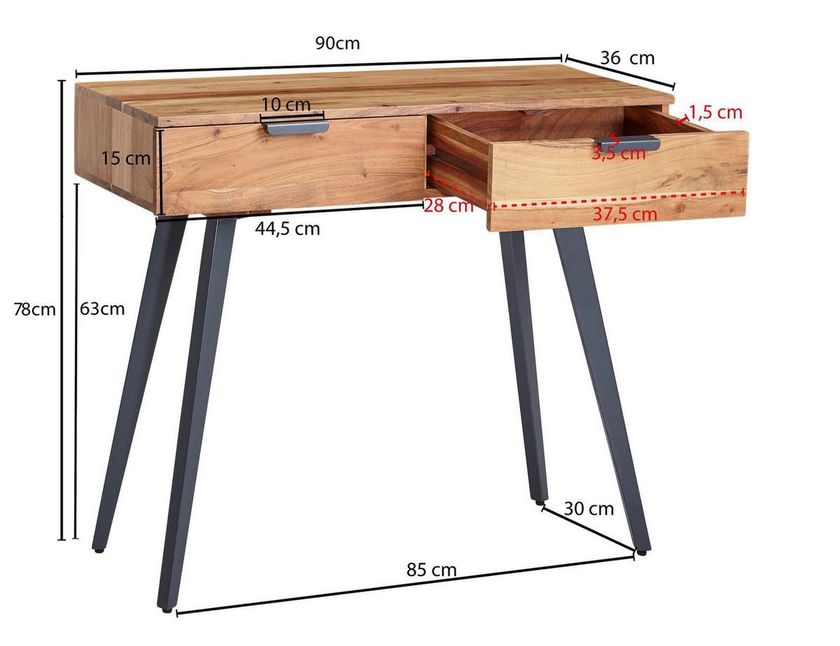 Konsolentisch Wohnling Eisen/ Akazienholz B: 90 cm 2 Laden - Grau/Akaziefarben, MODERN, Holz/Metall (36/90/78cm) - MID.YOU