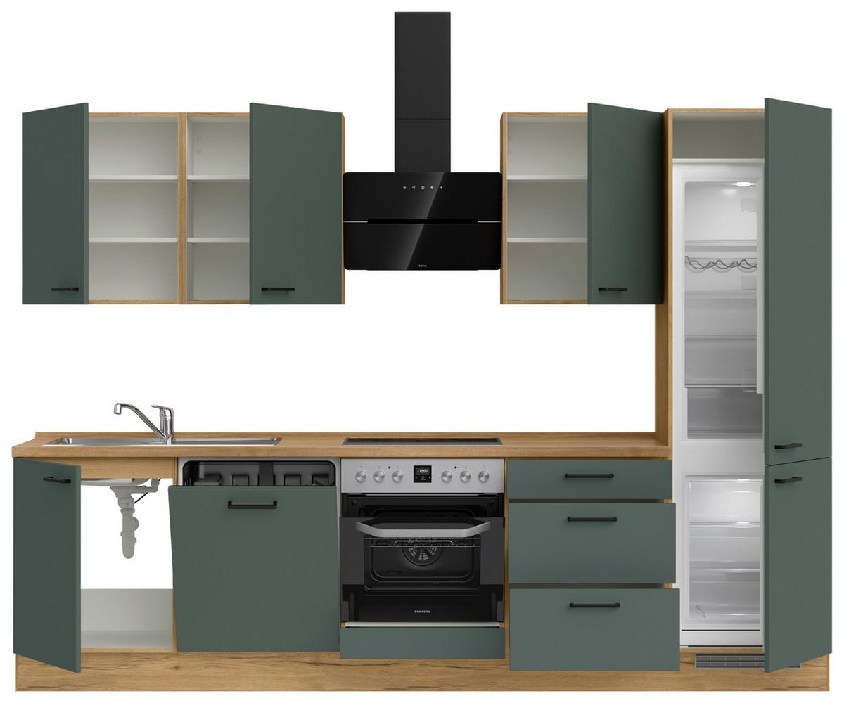 Kuchyňská linka 300 cm, minerální zelená,ultra matná - barvy dubu/černá, Moderní, kov/kompozitní dřevo (300cm) - Nobilia