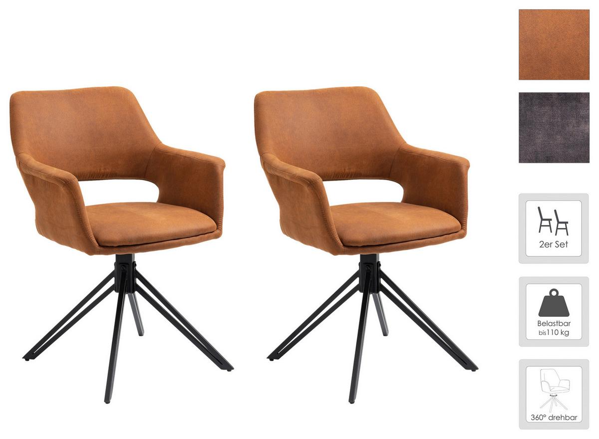 Armlehnstuhl Estelle Braun/ Schwarz Gepolstert 2-er Set - Schwarz/Braun, KONVENTIONELL, Textil/Metall (57/84/61cm) - MID.YOU