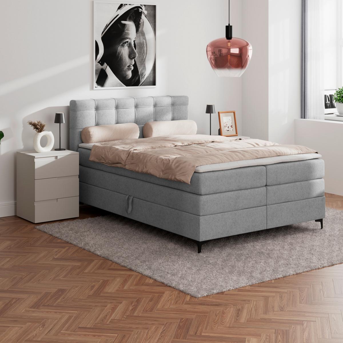 Boxspringbett MITTO Hellgrau 140x200 cm - Hellgrau/Schwarz, KONVENTIONELL, Textil/Metall (140/200cm)