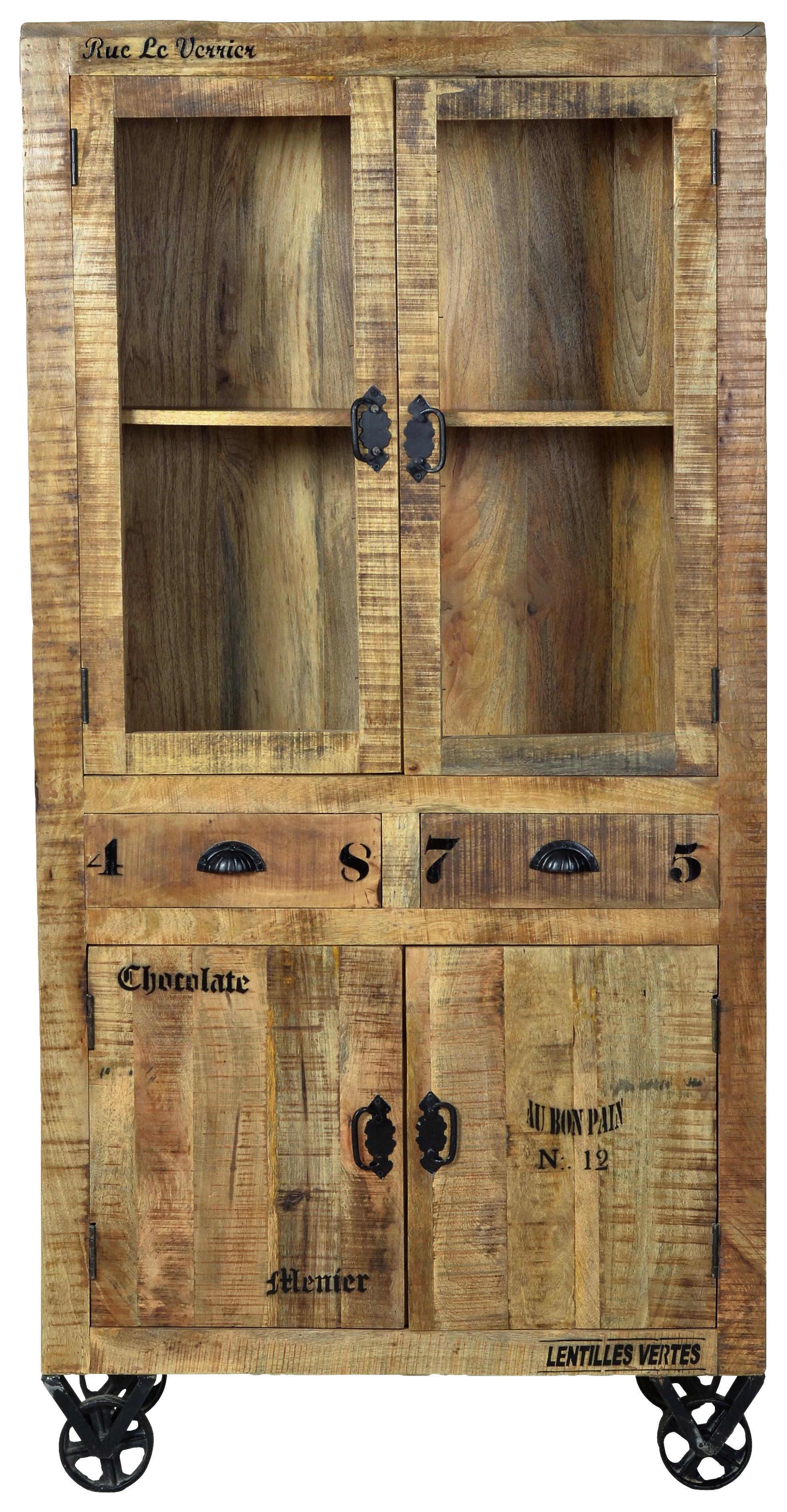 Vitrine Brion B: 90 cm Mangoholz - Schwarz/Naturfarben, Basics, Glas/Holz (90/180/40cm)