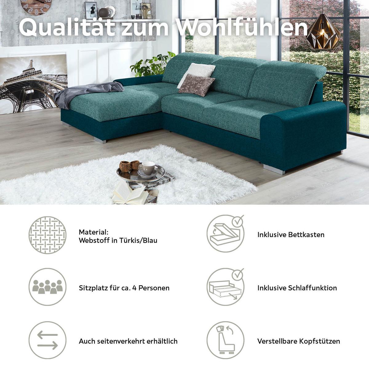 Ecksofa mit Schlaffunktion + Bettkasten Malaga, Webstoff - Türkis/Blau, KONVENTIONELL, Textil (203/286cm) - Ondega