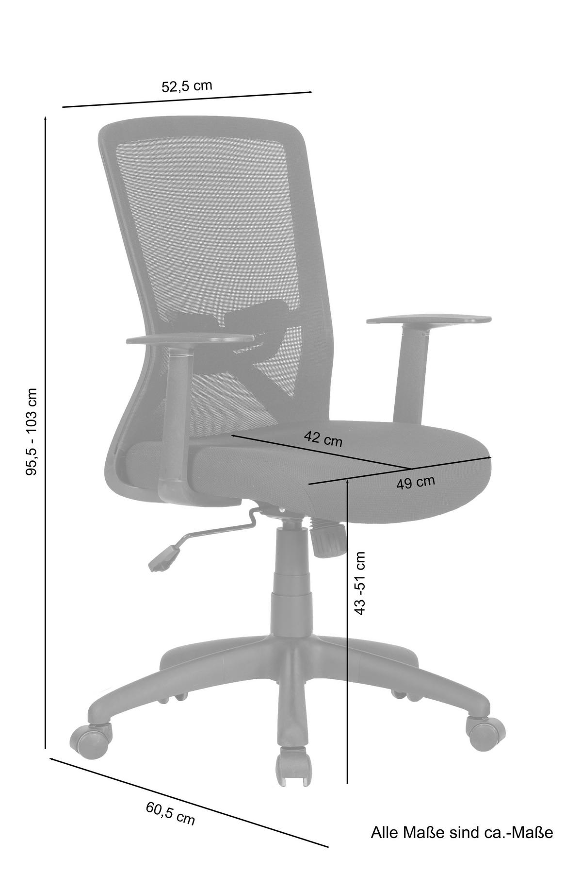 Drehstuhl Long Abwischbar Schwarz Bis 110 Kg - Schwarz, MODERN, Kunststoff/Textil (52,5/95,5-103/60,5cm) - MID.YOU