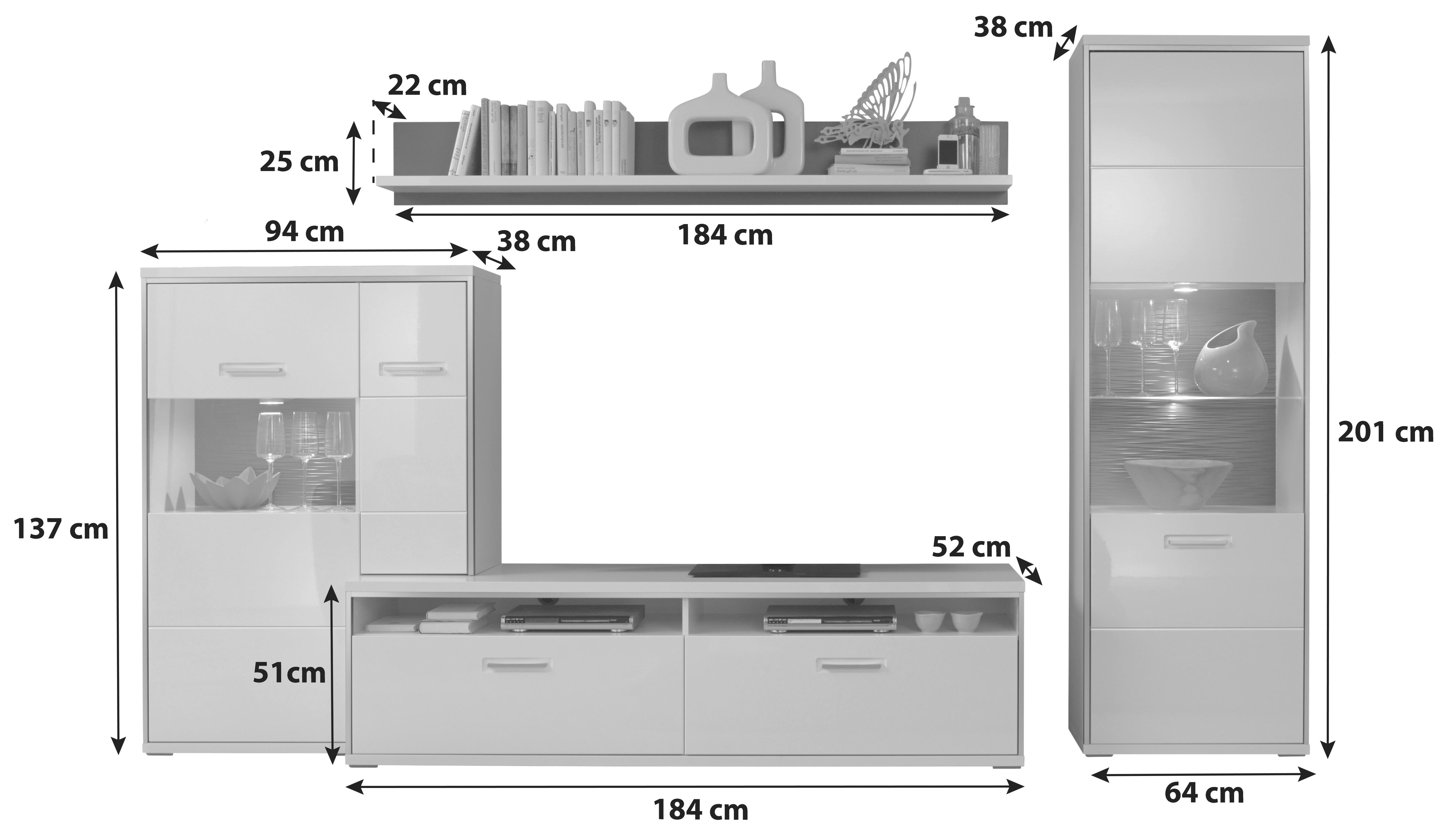 Wohnkombination 4-Tlg. Trento Grau/Silbern/Weiß - Weiß Hochglanz/Silberfarben, Design, Glas/Holzwerkstoff (319/201/52cm) - Livetastic