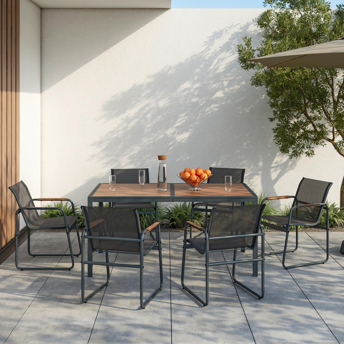 Gartenmöbel Set 7-Tlg. Genua aus Metall/Kunststoff/Textil - Dunkelgrau/Naturfarben, MODERN, Kunststoff/Textil (53/160/82/75/59,5/90cm) - Beldano