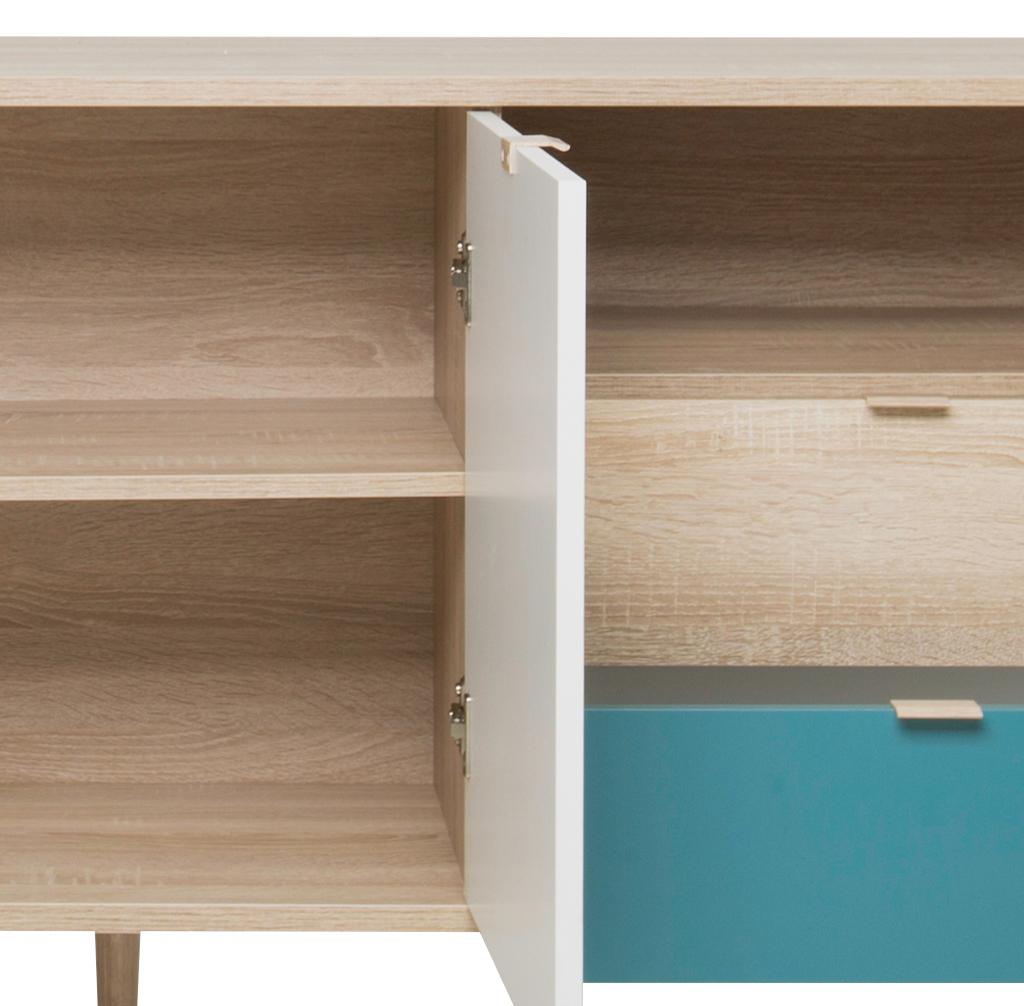 Modernes Sideboard mit Fronten in Grau, Weiß und Petrol