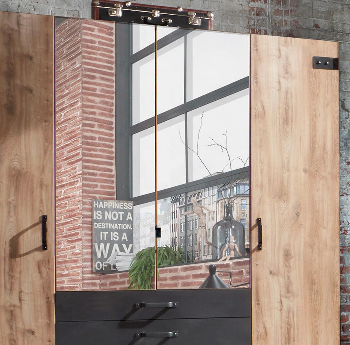 Drehtürenschrank Mit Spiegel + Laden 200cm Detroit, Eiche - Eichefarben/Silberfarben, Basics, Holzwerkstoff (200/216/58cm) - MID.YOU