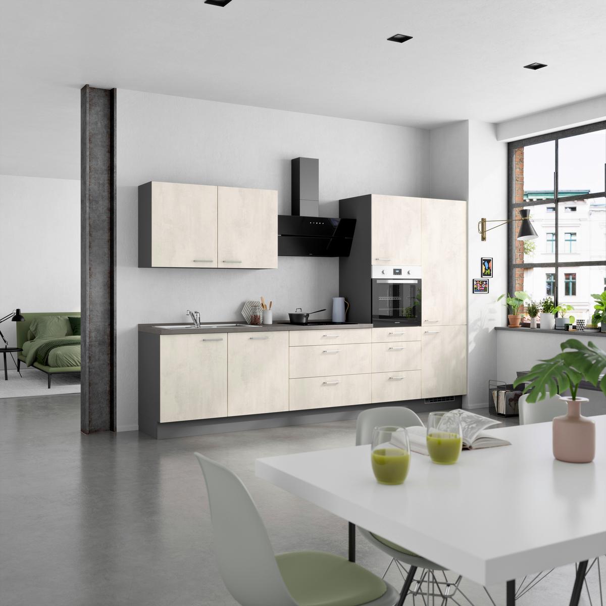 Kuchynská linka 330CM biely betón/ bridlicová šedá - biela/farba ušľachtilej ocele, Modern, kov/kompozitné drevo (330cm) - Nobilia