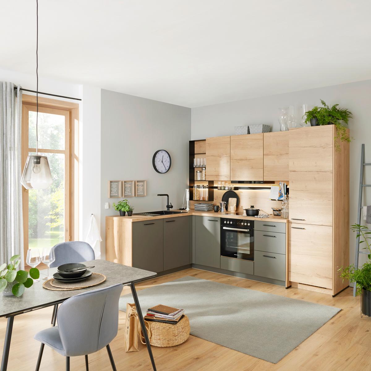 Sarokkonyha Las Vergas / Singapur - tölgyfa színű/sötétszürke, Design (192/288cm)