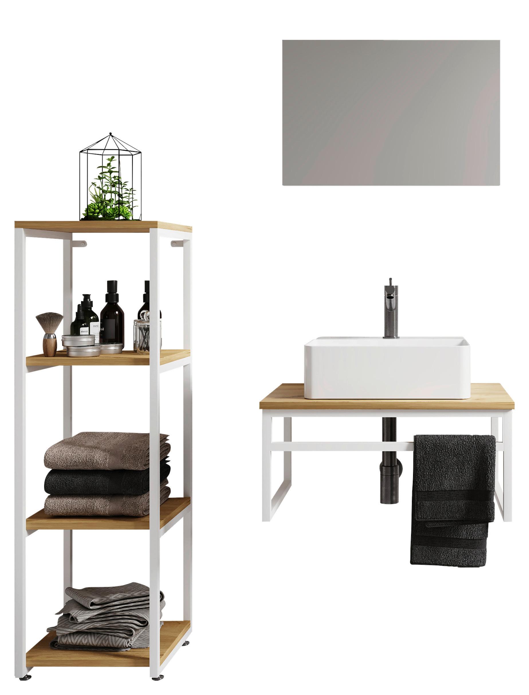 Badmöbel-Set 4-Tlg. Bitila B: 95 cm Weiß/Honigeiche - Honigeiche/Schwarz, MODERN, Glas/Keramik (95cm) - MID.YOU