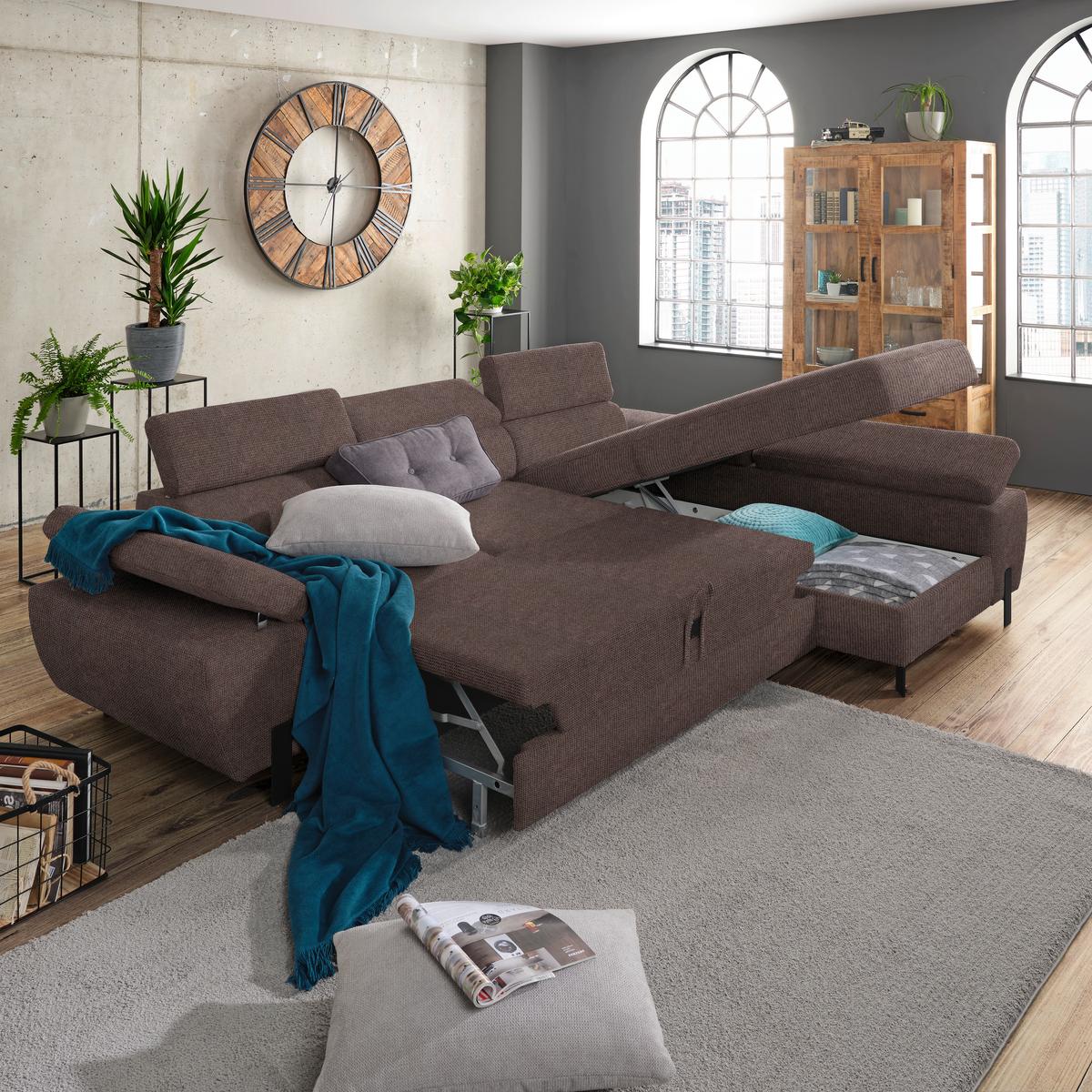 Rohová sedačka MILNA, pravá, hnedá - čierna/tmavohnedá, Modern, kov/drevo (277/90/189cm) - Mömax