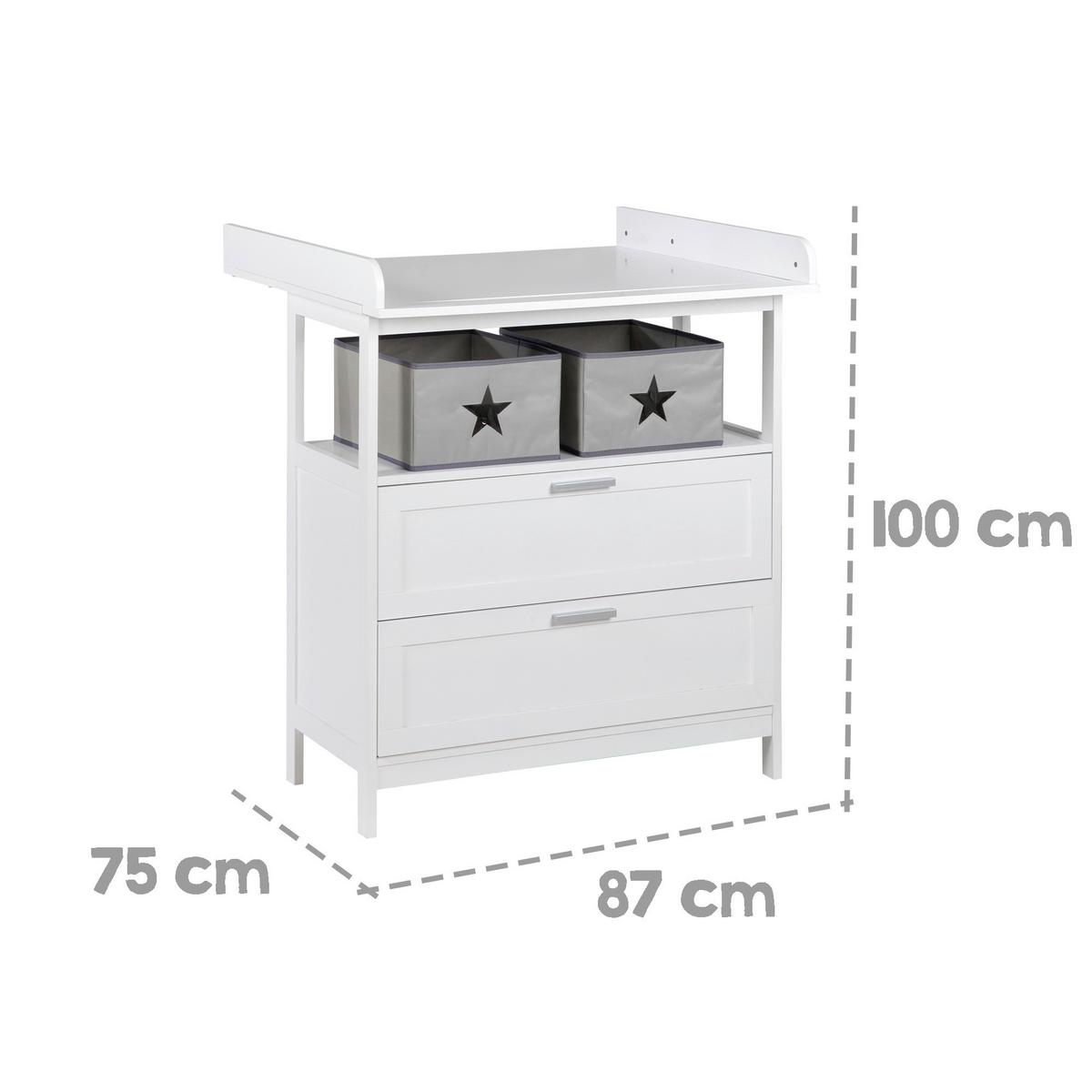 Prebaľovacia komoda WHITE š. 87 cm, 2 zásuvky+2 boxy - biela, Romantik / Landhaus, kompozitné drevo/plast (87/100/75cm)