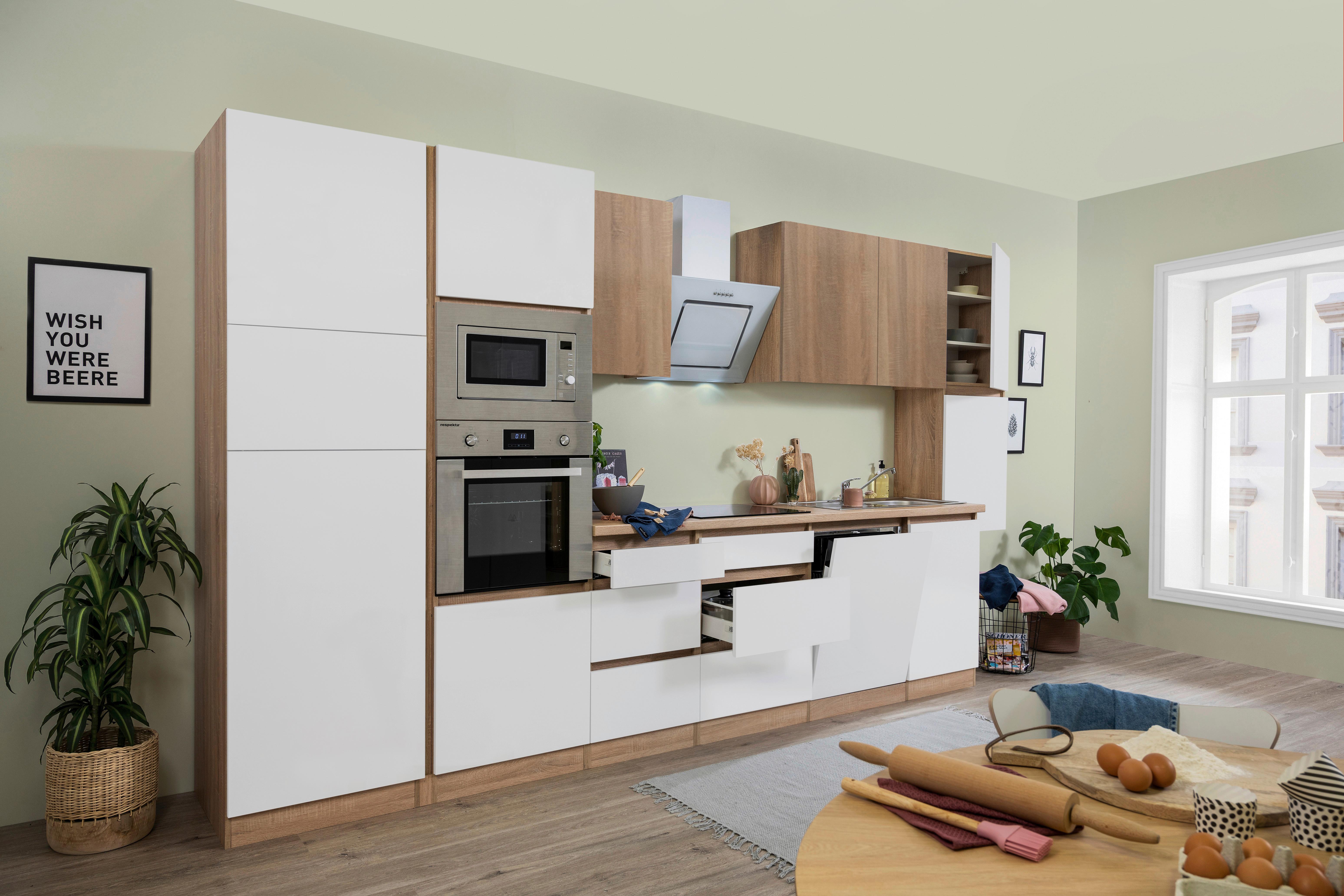 Küchenzeile Premium mit Geräten 395 cm Weiß/Eiche Dekor - Eichefarben/Weiß Hochglanz, Basics, Holzwerkstoff (395cm) - Respekta