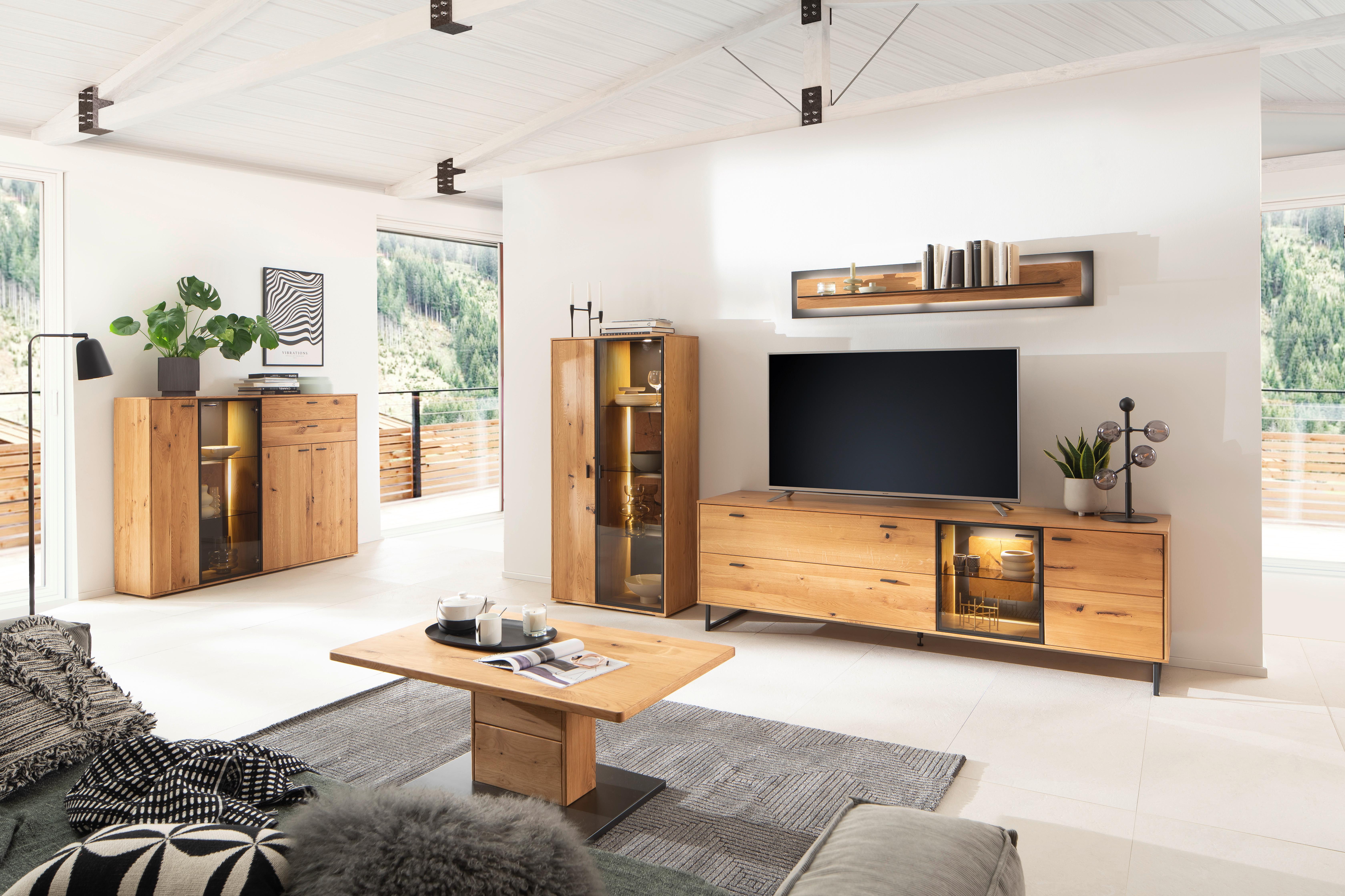Wohnkombination Wildeiche Dekor Assini 3 -Teilig Wildeiche - Wildeiche/Schwarz, Design, Glas/Holz (306/188/50cm) - MID.YOU