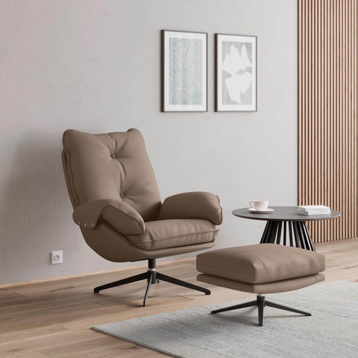 Relaxační křeslo ANDREA, světle hnědá, s taburetem - černá/světle hnědá, Moderní, kov/dřevo (82/105/80cm) - Bessagi Home