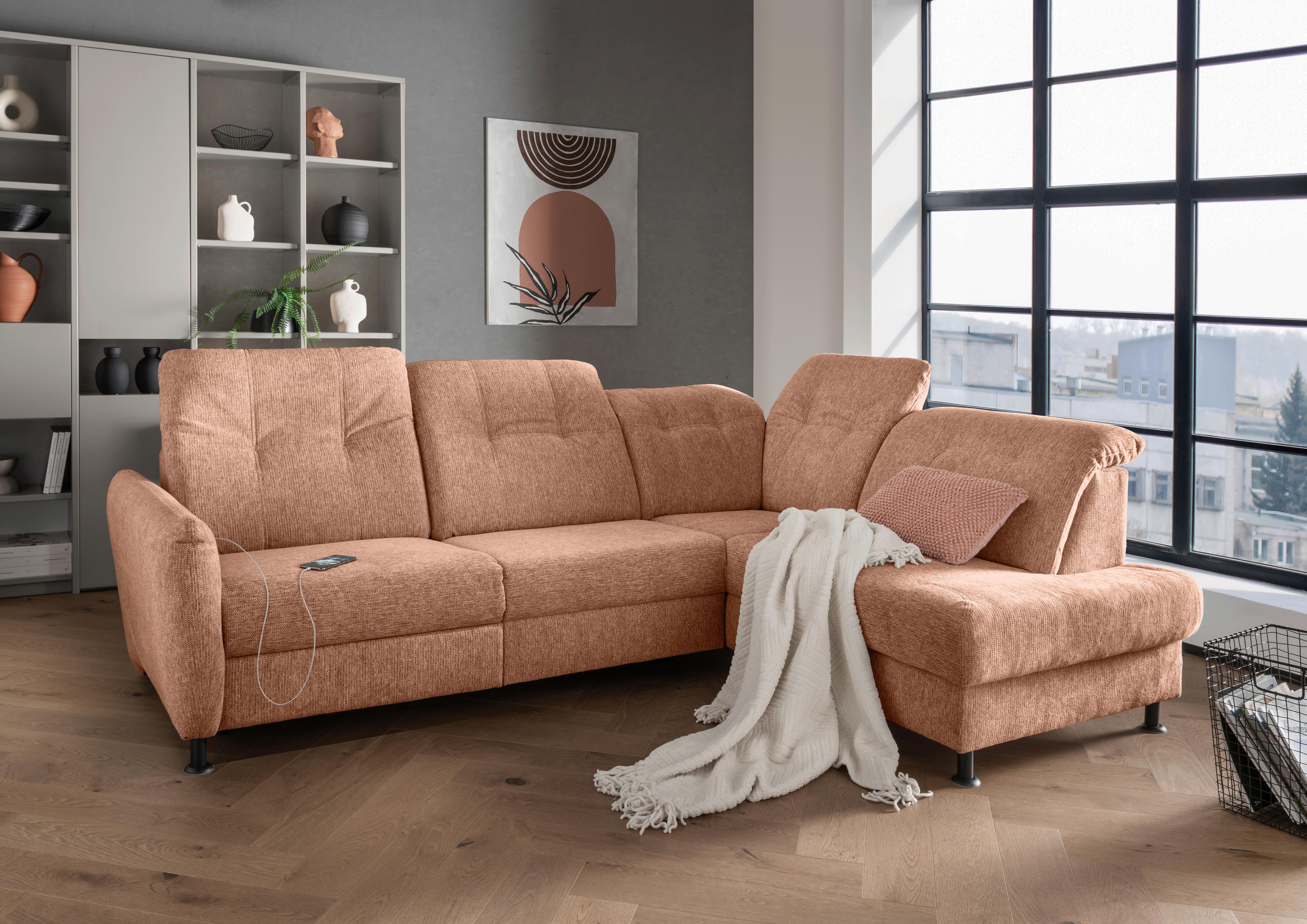 Ecksofa Minori Chenille Koralle, S: 270x198 cm - Koralle/Schwarz, MODERN, Textil (270/198cm) - Livetastic