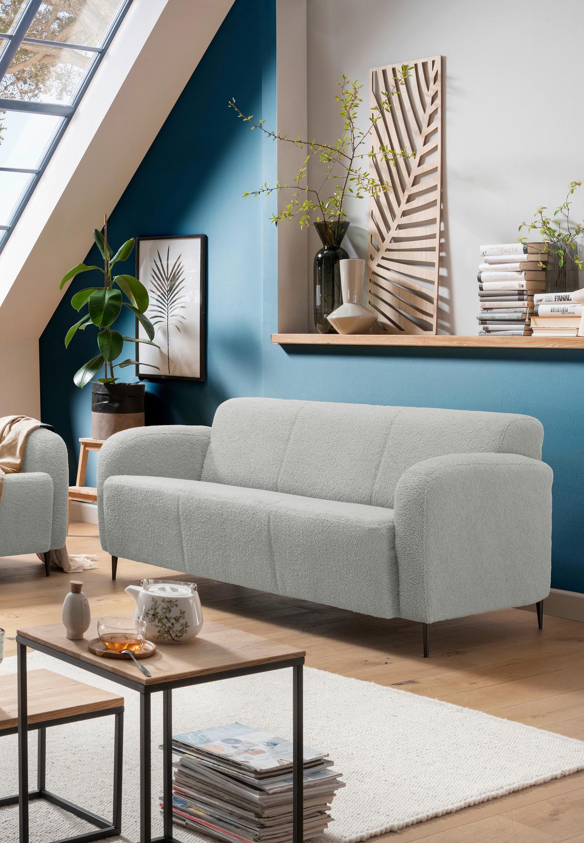 3-Sitzer-Sofa Marone Hellgrau Teddystoff - Hellgrau/Schwarz, MODERN, Textil (180/76/90cm) - Livetastic