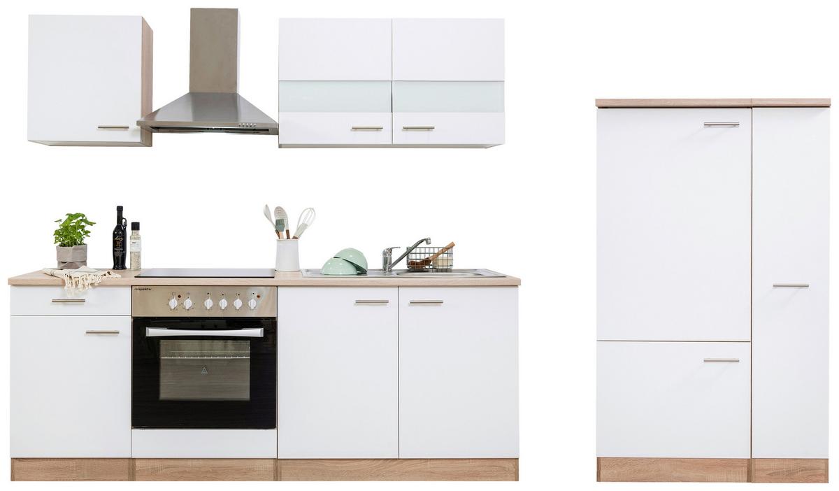 Küchenzeile ohne Geräte B: 300 cm Eiche Dekor/Weiß, Modern - Eichefarben/Weiß, Basics, Holzwerkstoff (300cm) - Respekta