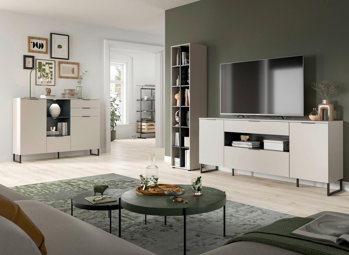 WOHNWAND Noida Kaschmirfarben B: 245cm - Kaschmir/Schwarz, Design, Holzwerkstoff (245/192/41cm) - Livetastic
