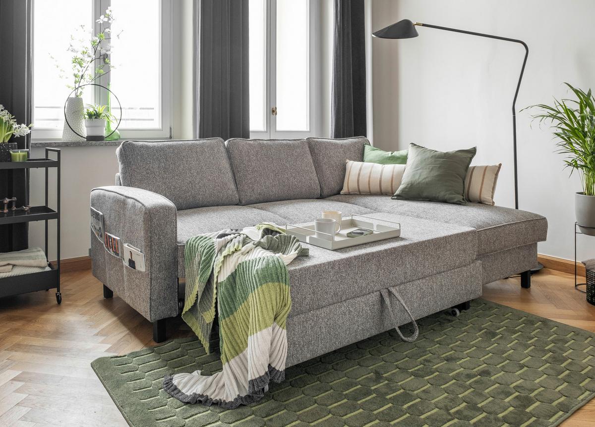 Sedačka MELANIE S, pravá, šedá, úl.prostor a lůžko - šedá/černá, dřevo/textil (228/148cm) - MID.YOU