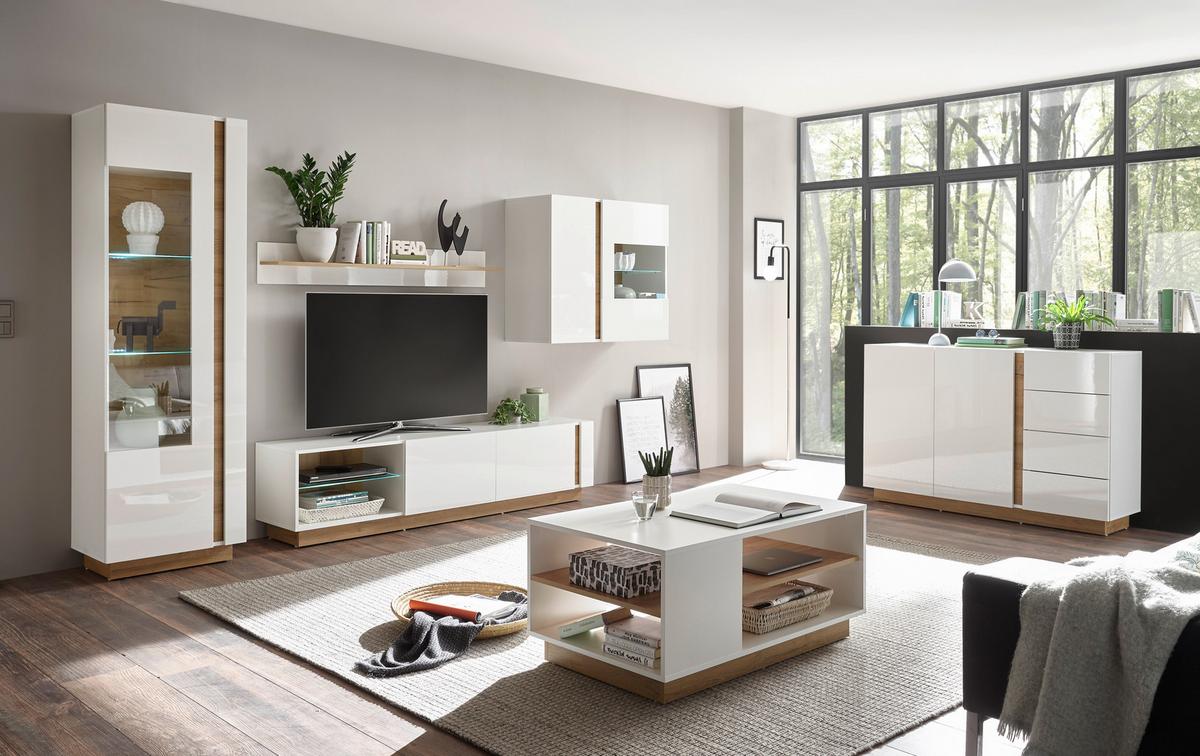 Wohnwand Clair Weiß/Eichefarben B: 315cm - Eichefarben/Weiß, Design, Glas/Holzwerkstoff (315/194/40cm) - MID.YOU
