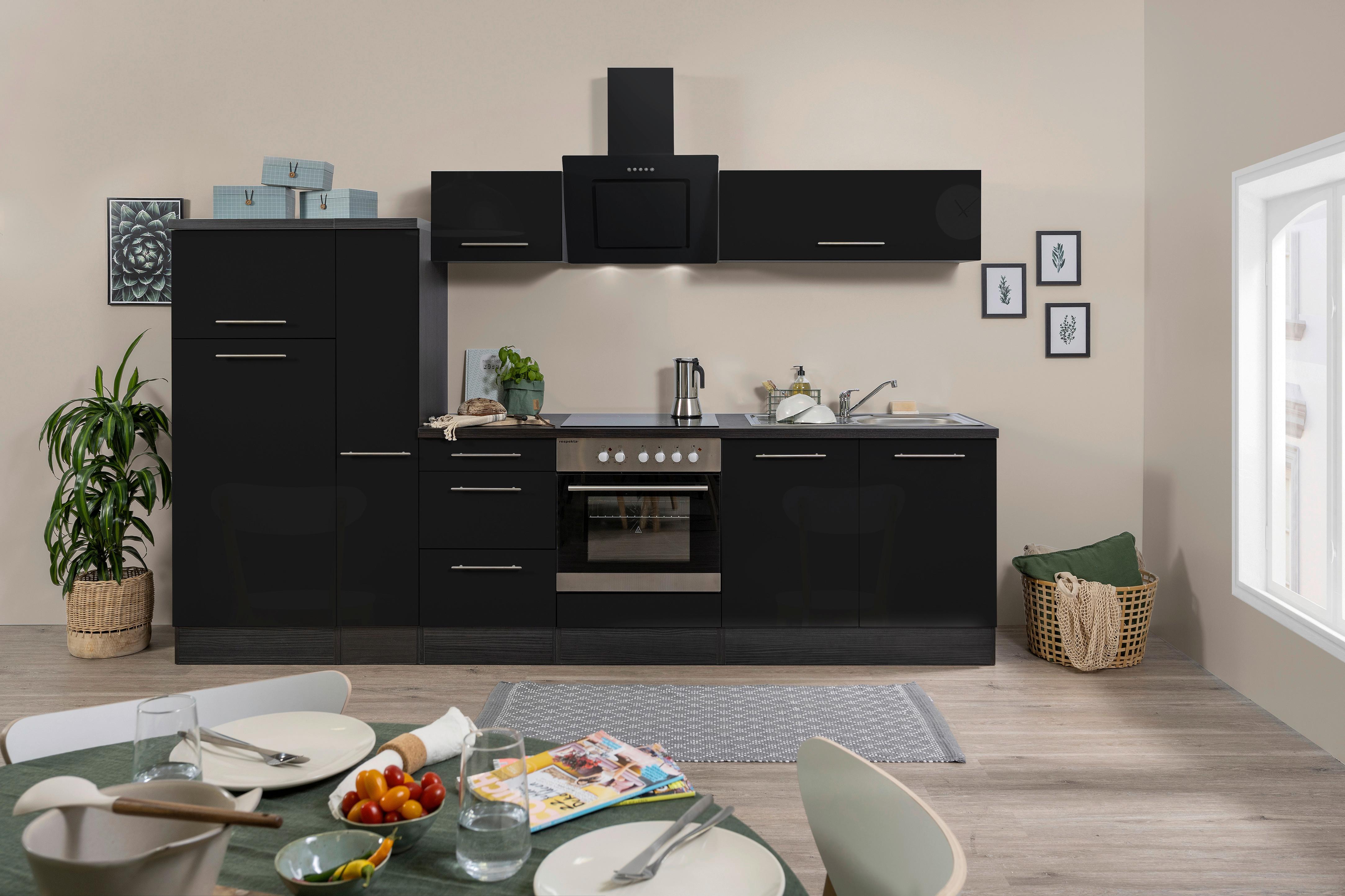 Küchenzeile mit Geräten 300 cm Schwarz Hochglanz - Eichefarben/Schwarz, Basics, Holzwerkstoff (300cm) - Respekta