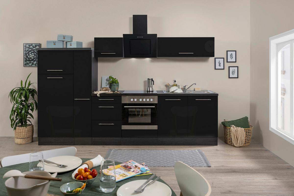 Küchenzeile mit Geräten 300 cm Schwarz Hochglanz - Eichefarben/Schwarz, Basics, Holzwerkstoff (300cm) - Respekta