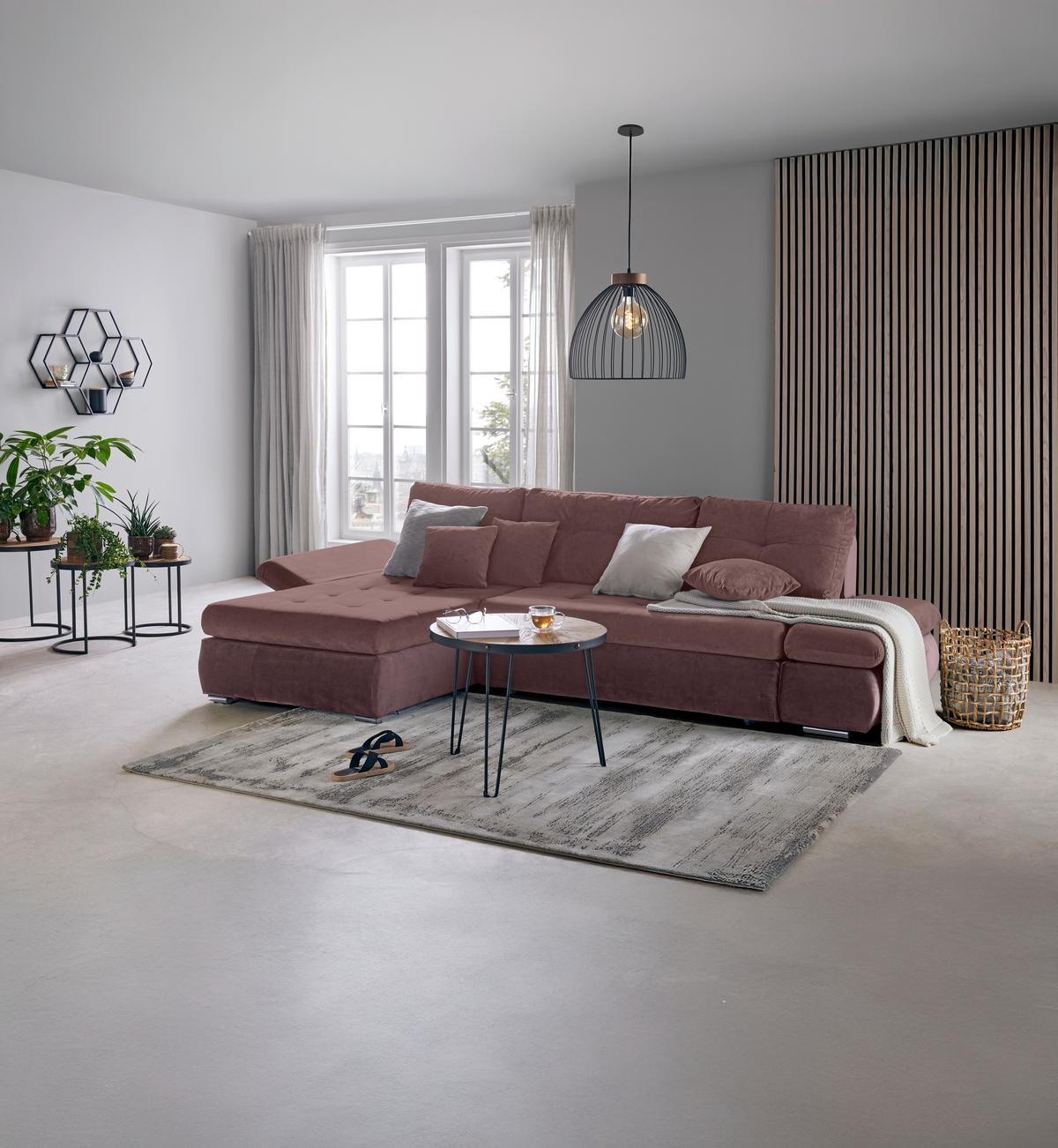 Rohová sedačka ENRICO, oboustranná, šeříková - černá/barvy chromu, Konvenční, kov/textil (303/88/185cm) - Based