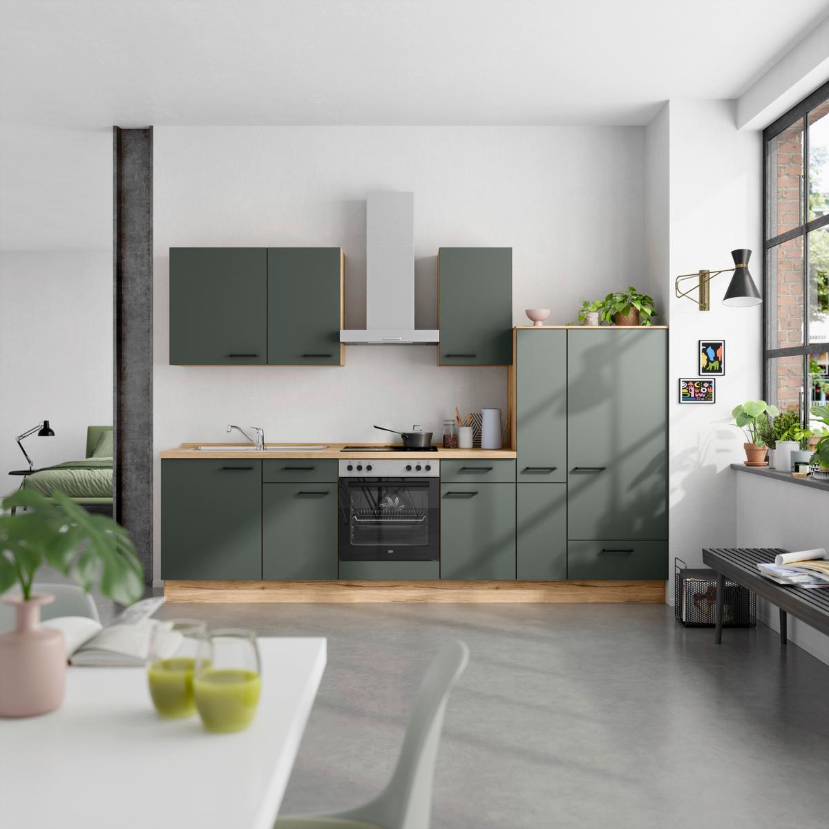 Küchenleerblock Easytouch Low-Line, L7 Rechts - Dunkelgrün/Eichefarben, MODERN, Holzwerkstoff (300cm) - Nobilia