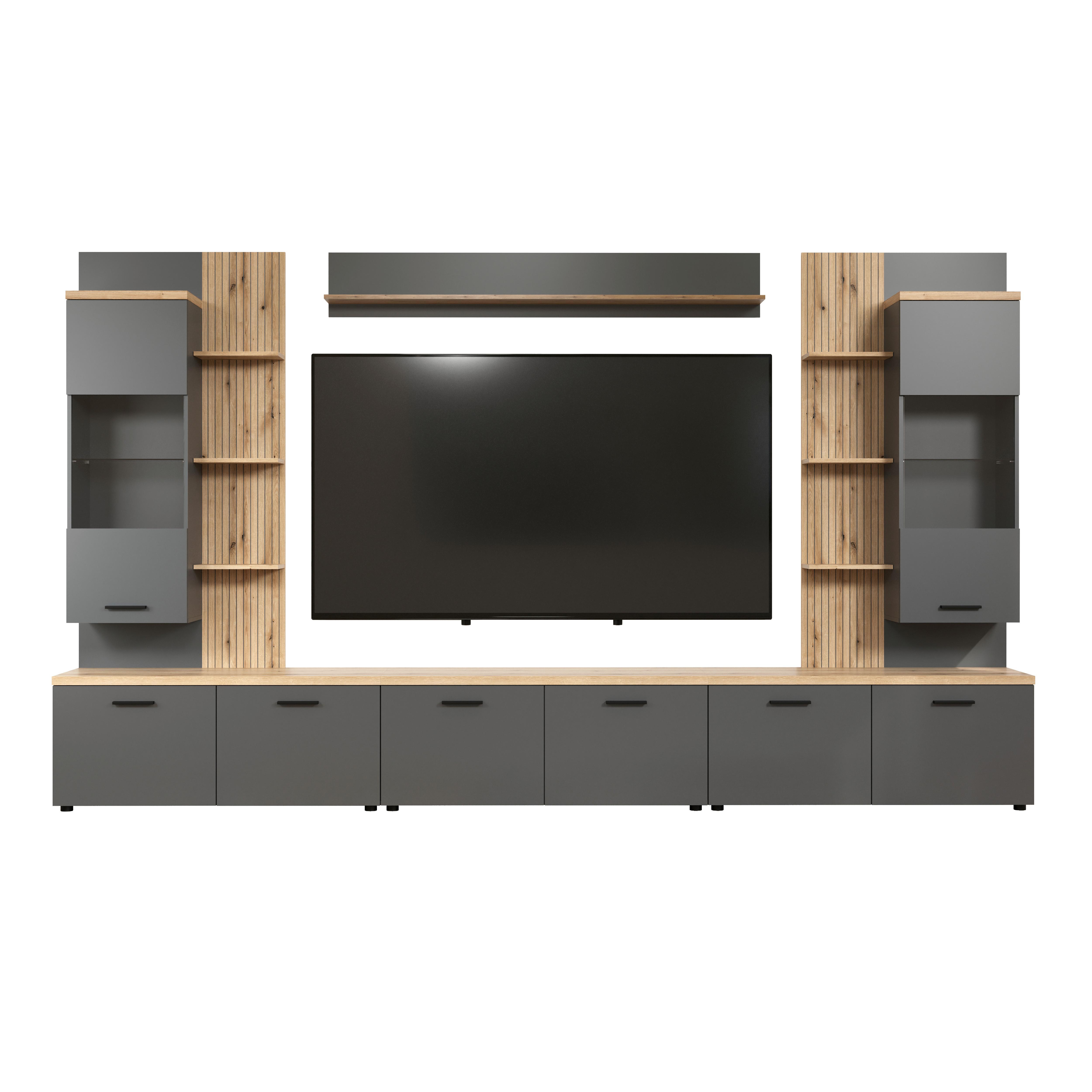 Wohnwand Baggio Anthrazit/Eichefarben B: 360cm - Eichefarben/Anthrazit, Design, Glas/Holzwerkstoff (360/212/40cm) - MID.YOU