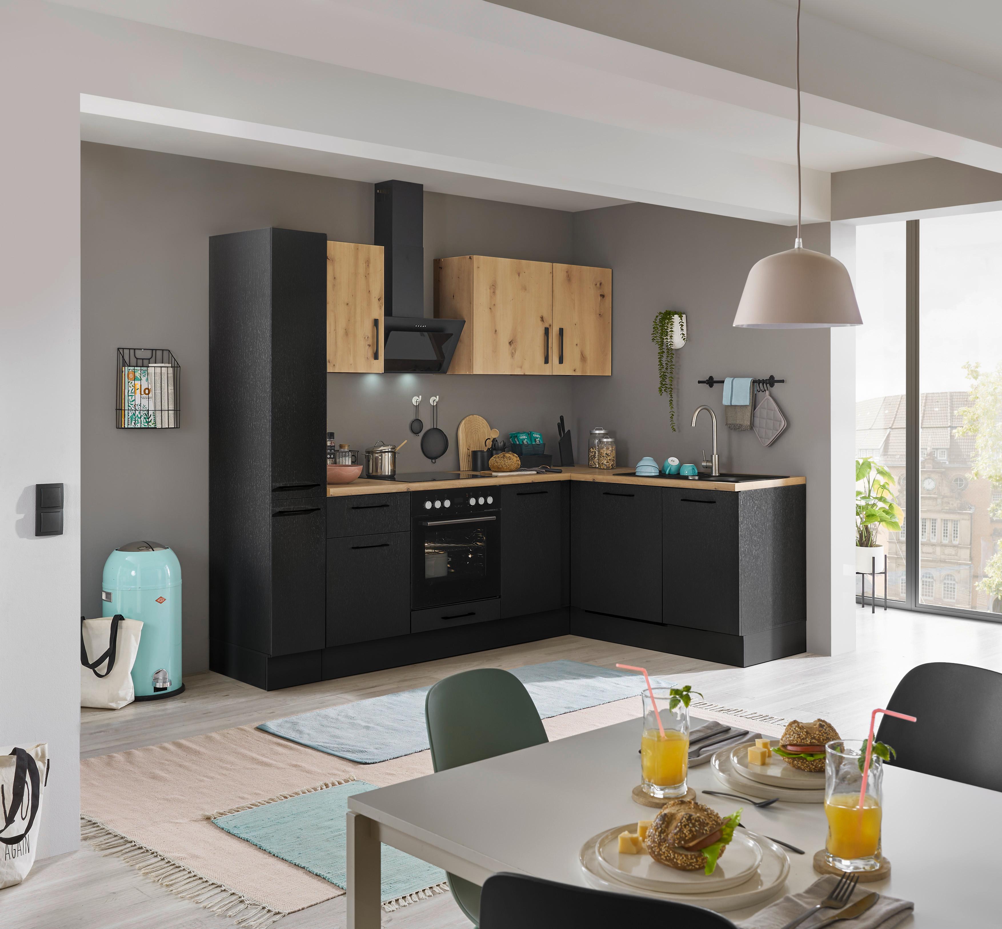 Eckküche Turin Schwarz/Eiche Dekor 250x175 cm - Schwarz/Eiche Artisan, Basics, Holzwerkstoff (250/175cm) - MID.YOU